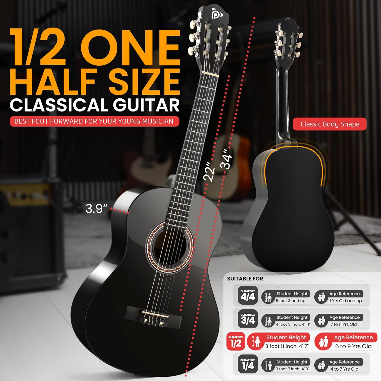Pyle 34" Classical Guitar Starter Kit – 1/2 Size Wood Guitar with Capo, Gig Bag, Extra Strings, Strap & Picks (Black Gloss)