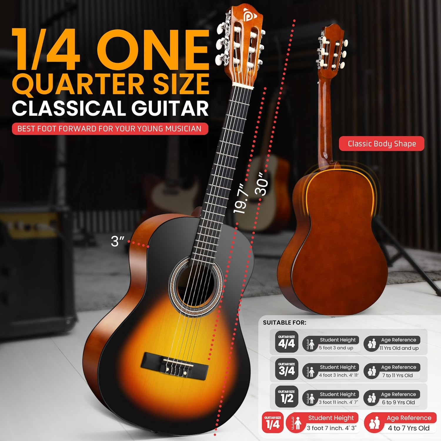 Pyle 30" Beginner Acoustic Guitar Kit – 1/4 Size Sunburst Gloss Wood Guitar with Nylon Strings, Capo, Strap, Extra Strings & Gig Bag – for Adults & Youth