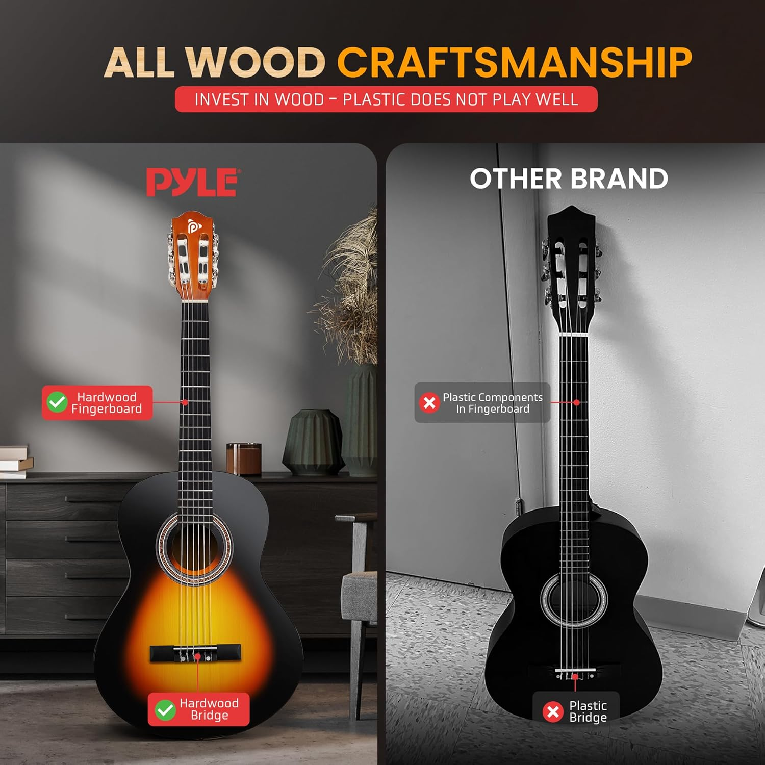 Pyle 30" Beginner Acoustic Guitar Kit – 1/4 Size Sunburst Gloss Wood Guitar with Nylon Strings, Capo, Strap, Extra Strings & Gig Bag – for Adults & Youth