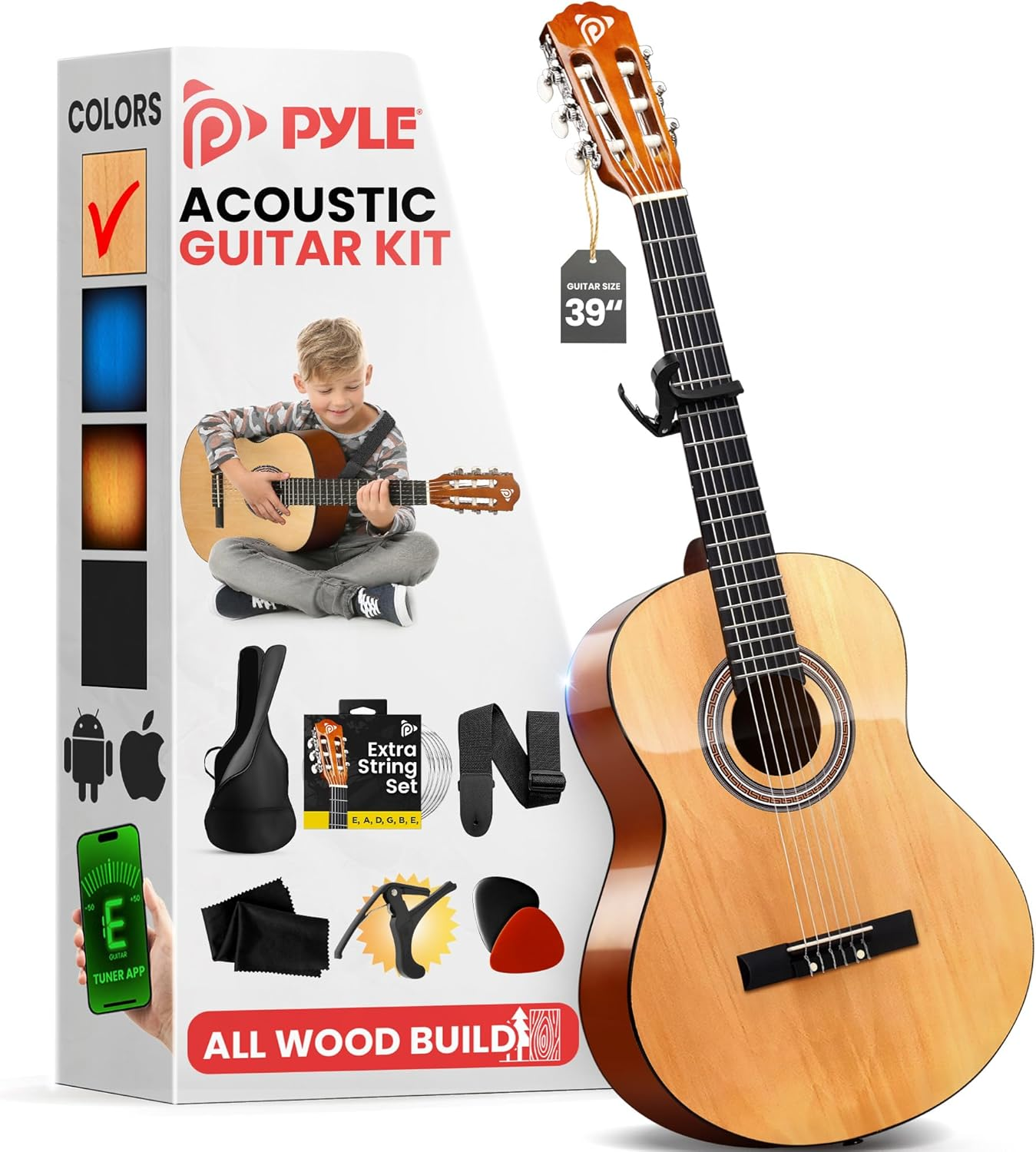 Pyle 39" Classical Guitar Starter Kit – Full Size (4/4) Right-Handed Wood Guitar with Capo, Gig Bag, Extra Strings, Strap & Picks (Natural Gloss)