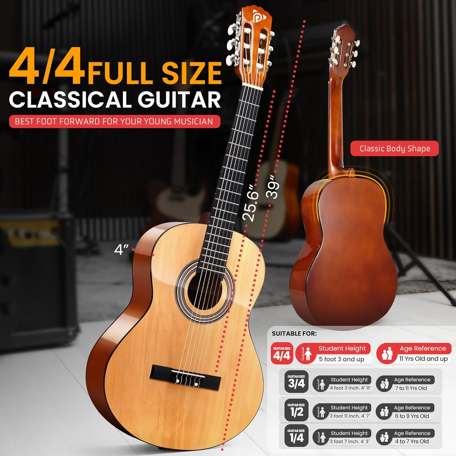 Pyle 39" Classical Guitar Starter Kit – Full Size (4/4) Right-Handed Wood Guitar with Capo, Gig Bag, Extra Strings, Strap & Picks (Natural Gloss)