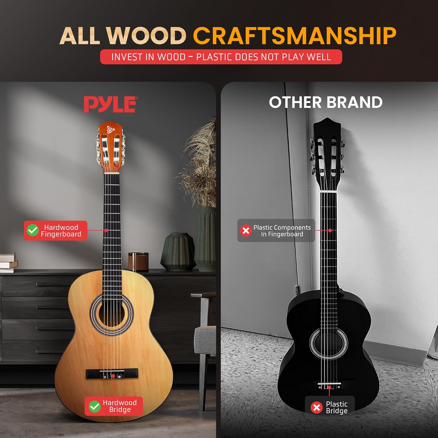 Pyle 39" Classical Guitar Starter Kit – Full Size (4/4) Right-Handed Wood Guitar with Capo, Gig Bag, Extra Strings, Strap & Picks (Natural Gloss)