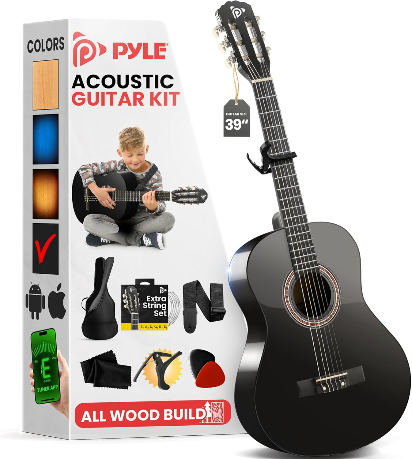 Pyle 39" Classical Guitar Starter Kit – Full Size (4/4) Wood Guitar with Capo, Gig Bag, Extra Strings, Strap & Picks (Black Gloss)