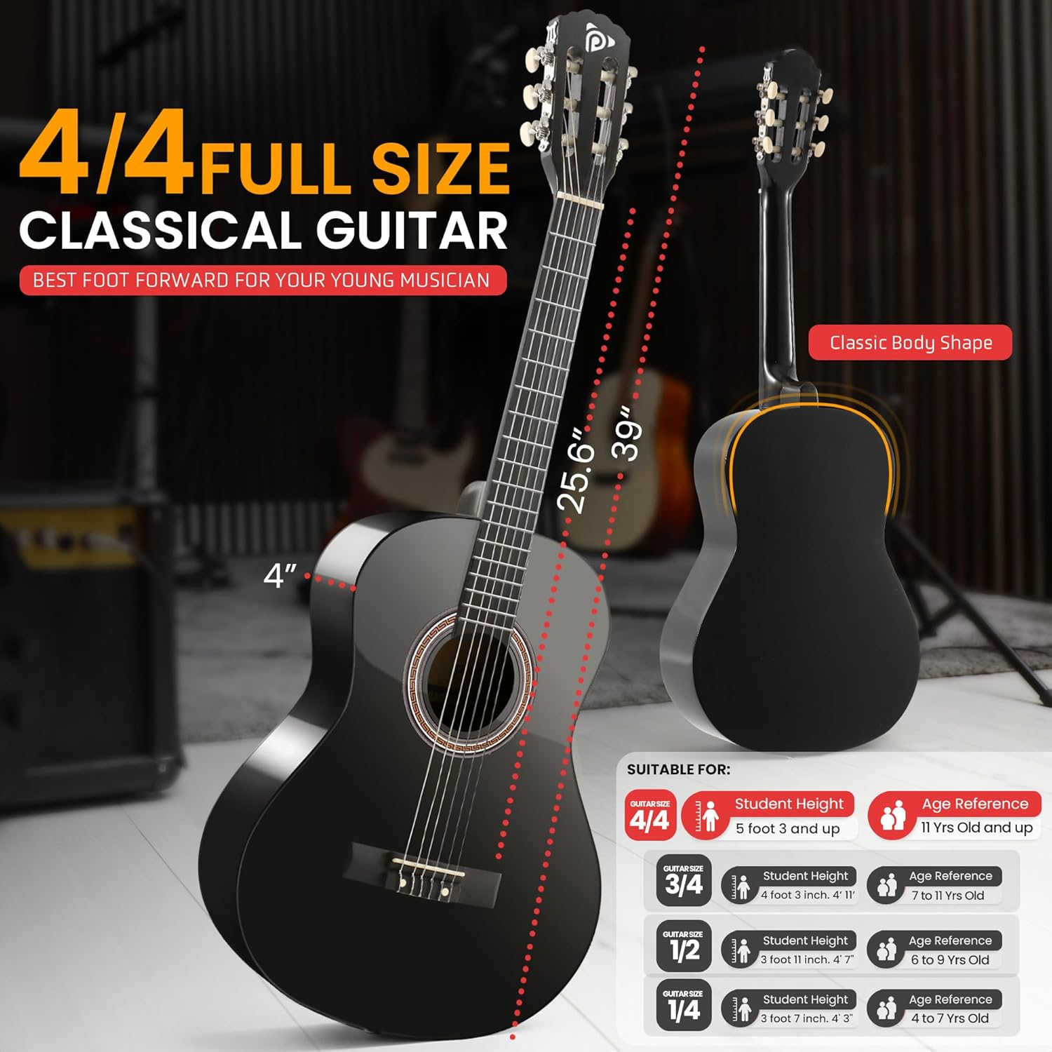 Pyle 39" Classical Guitar Starter Kit – Full Size (4/4) Wood Guitar with Capo, Gig Bag, Extra Strings, Strap & Picks (Black Gloss)
