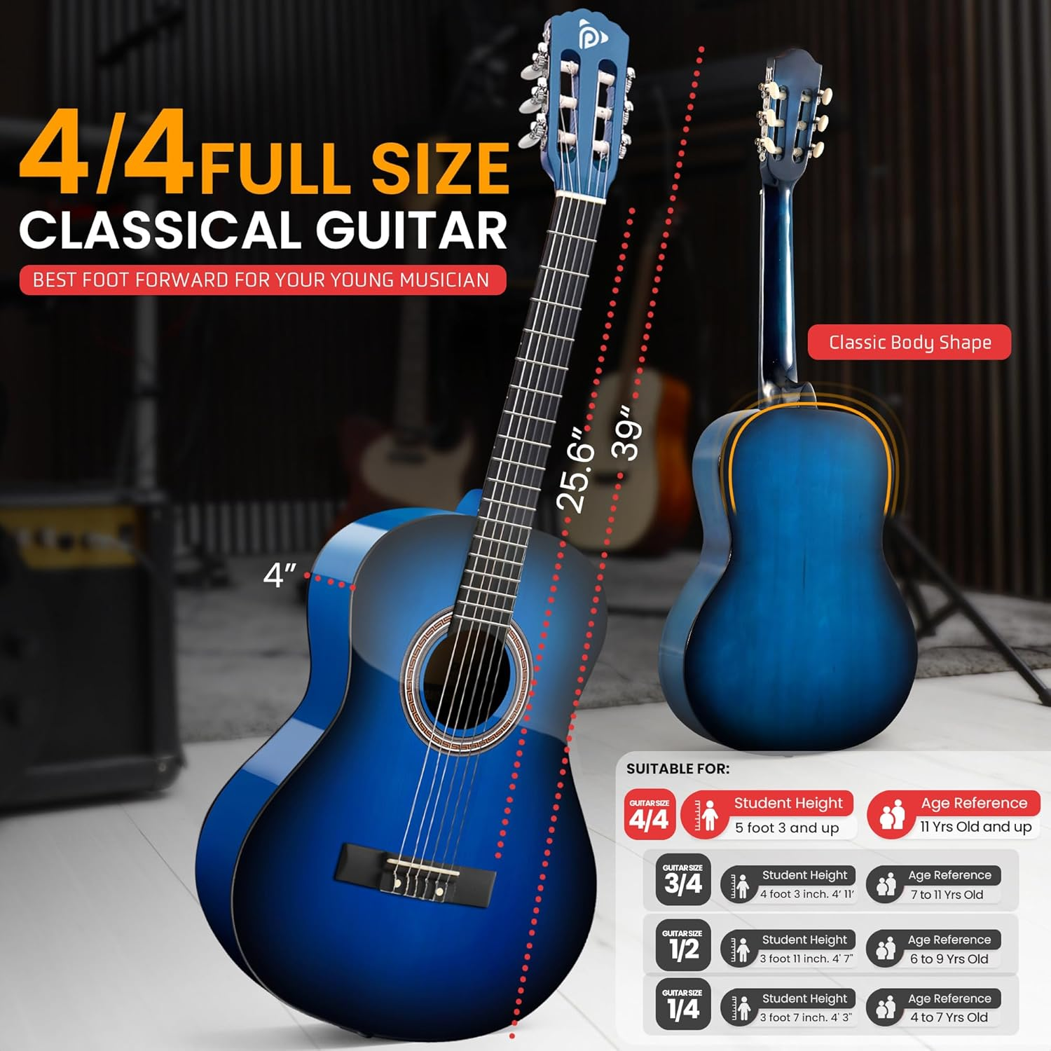Pyle 39" Classical Guitar Starter Kit – Full‑Size (4/4) Wood Guitar with Capo, Gig Bag, Extra Strings, Strap & Picks (Blue Gloss)