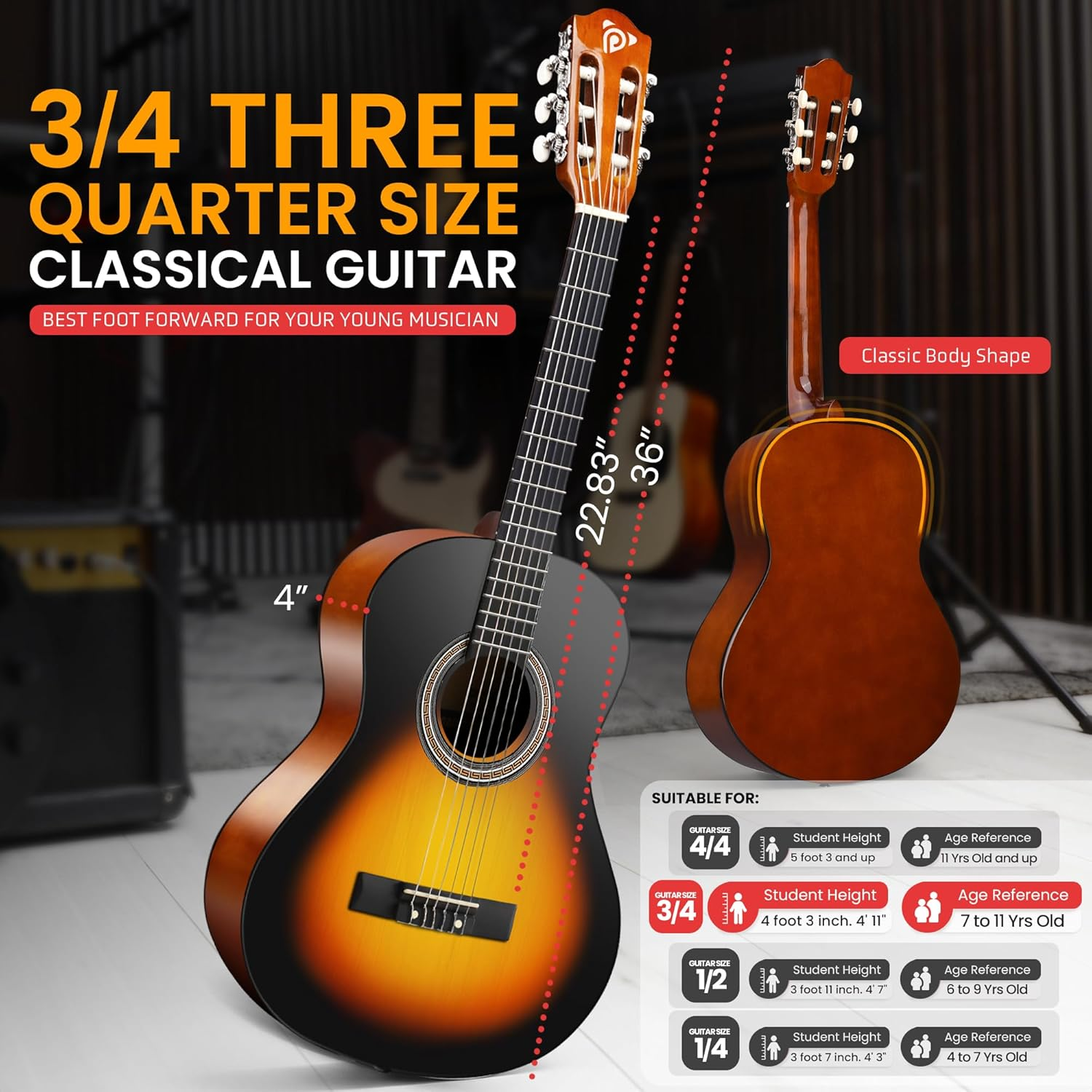 Pyle 36″ Classical Guitar Starter Kit – 3/4 Size Wood Guitar with Capo, Gig Bag, Extra Strings, Strap & Picks (Sunburst Gloss)