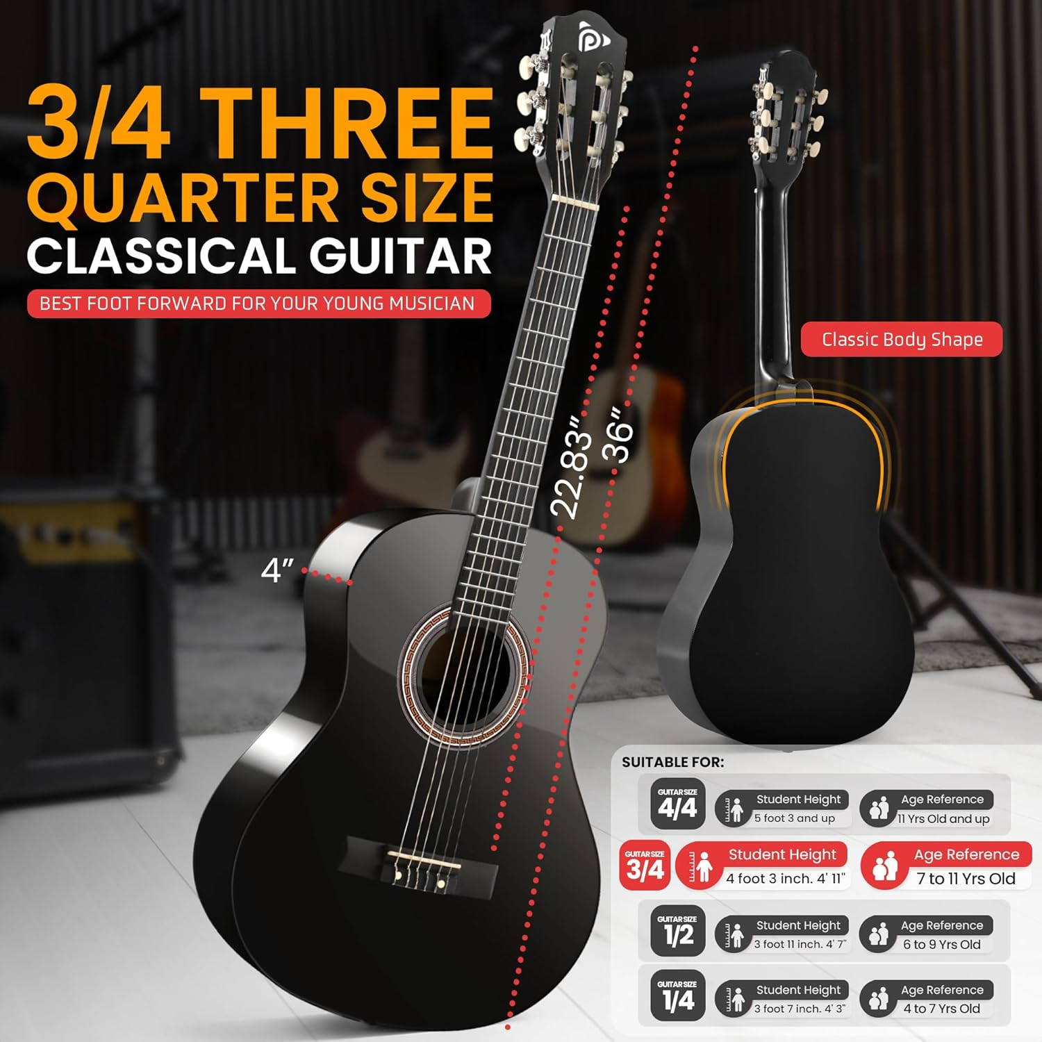 Pyle 36″ Beginner Acoustic Guitar Kit – 3/4 Size Black Gloss Wood Guitar with Nylon Strings, Capo, Strap, Extra String Set & Gig Bag – for Beginners (Adults & Youth)