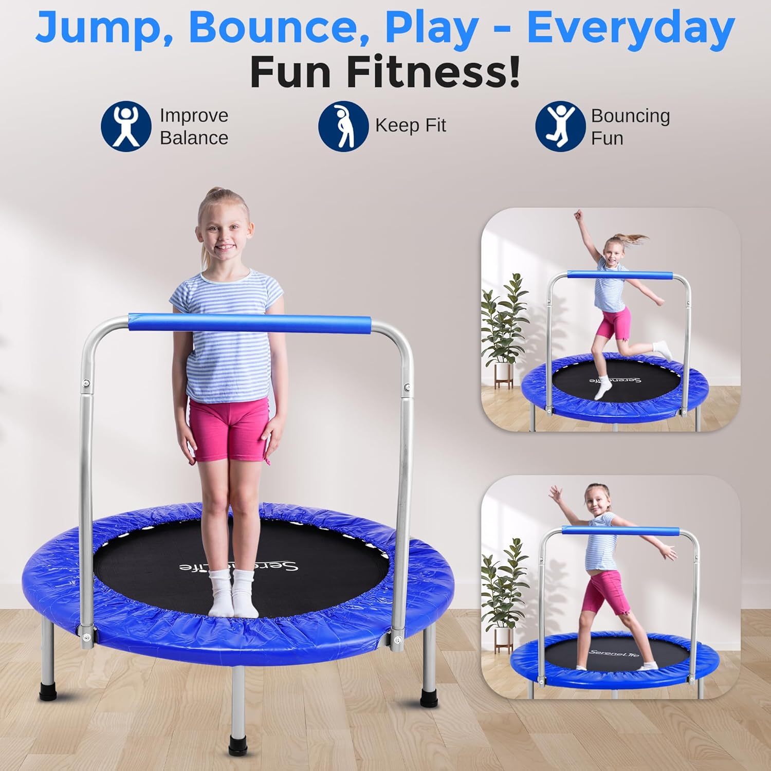 SereneLife 36/40" Foldable Mini Trampoline – Compact Exercise Rebounder with Foam Handle for Kids & Adults, Indoor/Outdoor Use, Supports 150/220 lbs