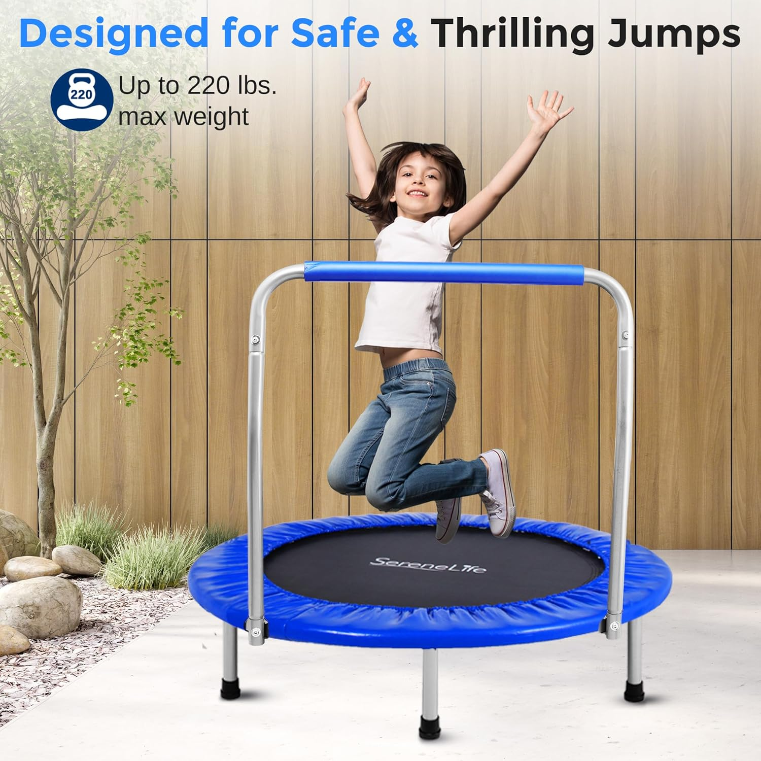SereneLife 36/40" Foldable Mini Trampoline – Compact Exercise Rebounder with Foam Handle for Kids & Adults, Indoor/Outdoor Use, Supports 150/220 lbs