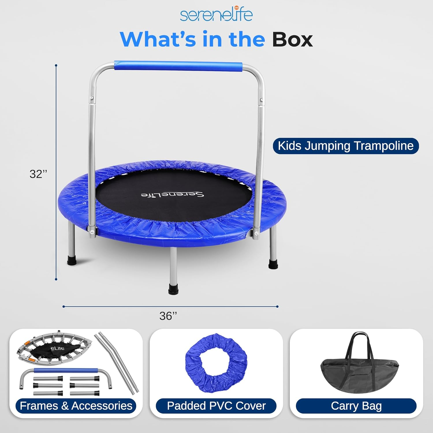 SereneLife 36/40" Foldable Mini Trampoline – Compact Exercise Rebounder with Foam Handle for Kids & Adults, Indoor/Outdoor Use, Supports 150/220 lbs