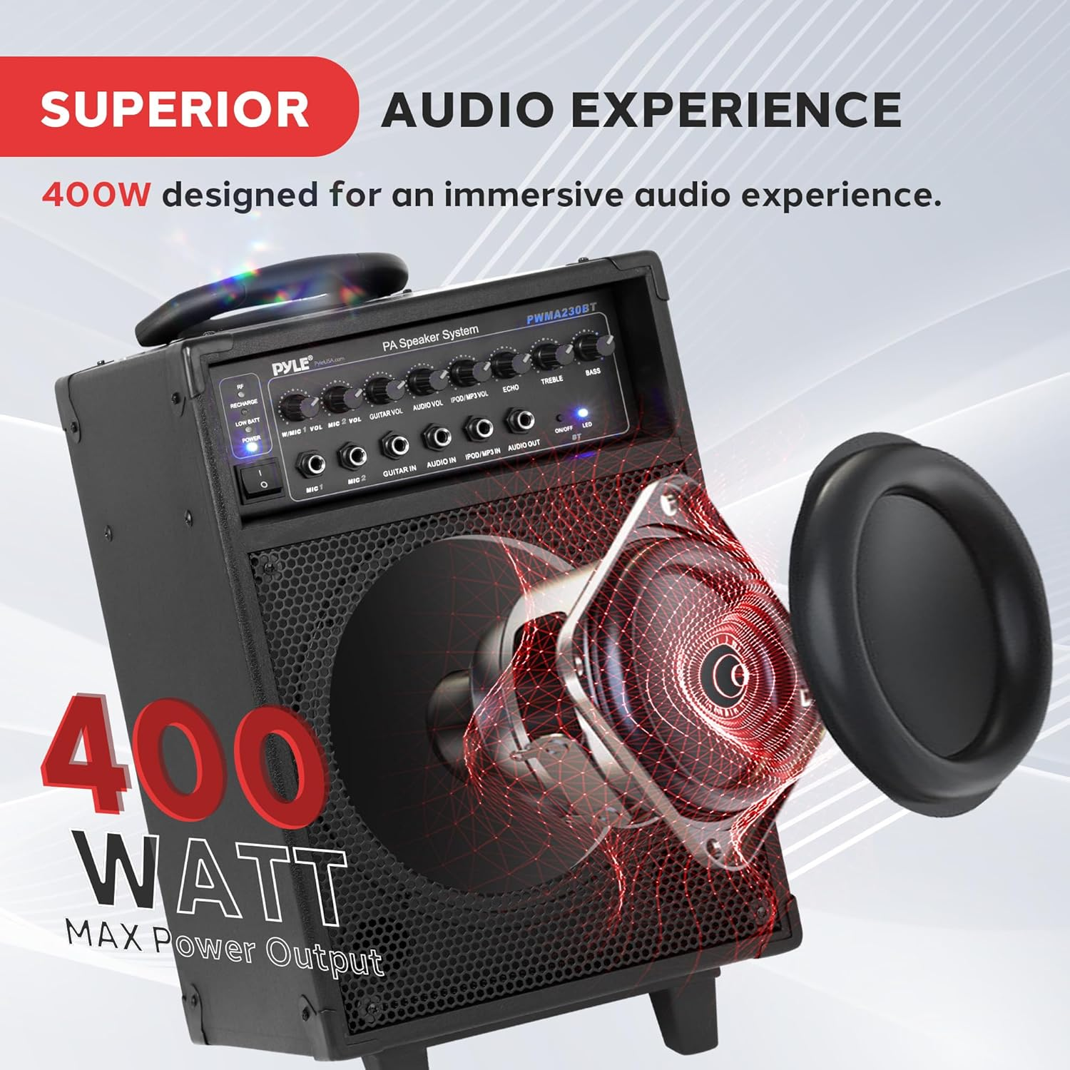Pyle 400W Wireless Portable PA System – Bluetooth-Compatible, Battery-Powered and Rechargeable, Outdoor Stereo Speaker with Microphone, Handle, Wheels, 1/4" to AUX & RCA Cable (PWMA230BT)
