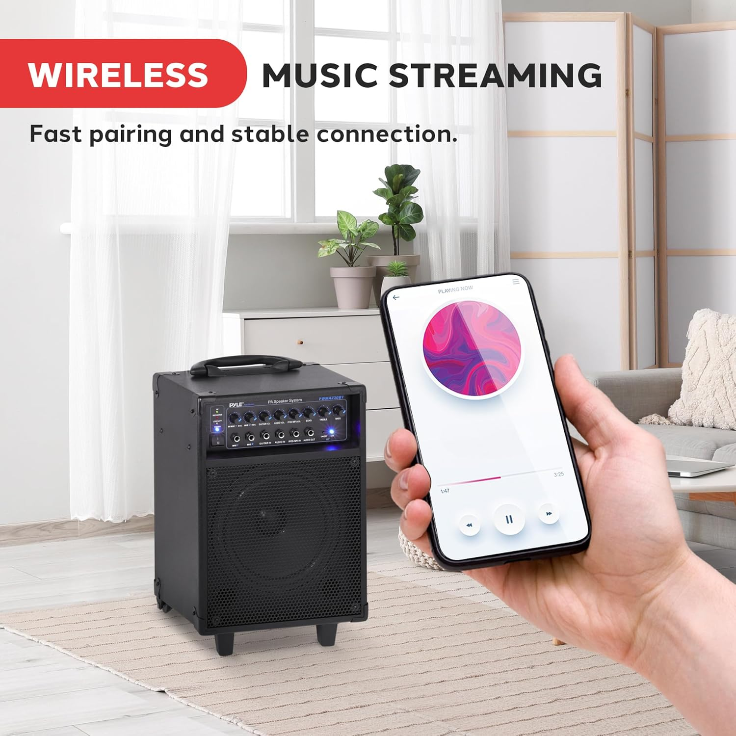 Pyle 400W Wireless Portable PA System – Bluetooth-Compatible, Battery-Powered and Rechargeable, Outdoor Stereo Speaker with Microphone, Handle, Wheels, 1/4" to AUX & RCA Cable (PWMA230BT)