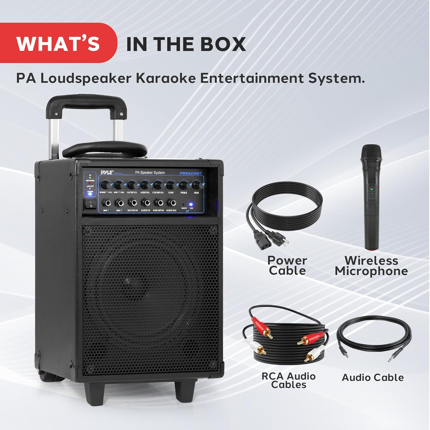 Pyle 400W Wireless Portable PA System – Bluetooth-Compatible, Battery-Powered and Rechargeable, Outdoor Stereo Speaker with Microphone, Handle, Wheels, 1/4" to AUX & RCA Cable (PWMA230BT)