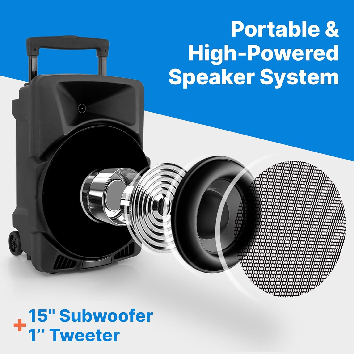 Wireless Portable PA Speaker System -1200W High Powered Bluetooth Compatible Indoor and Outdoor DJ Sound Stereo Loudspeaker w/ USB SD MP3 AUX  3.5mm Input, Flashing Party Light & FM Radio -PPHP1544B