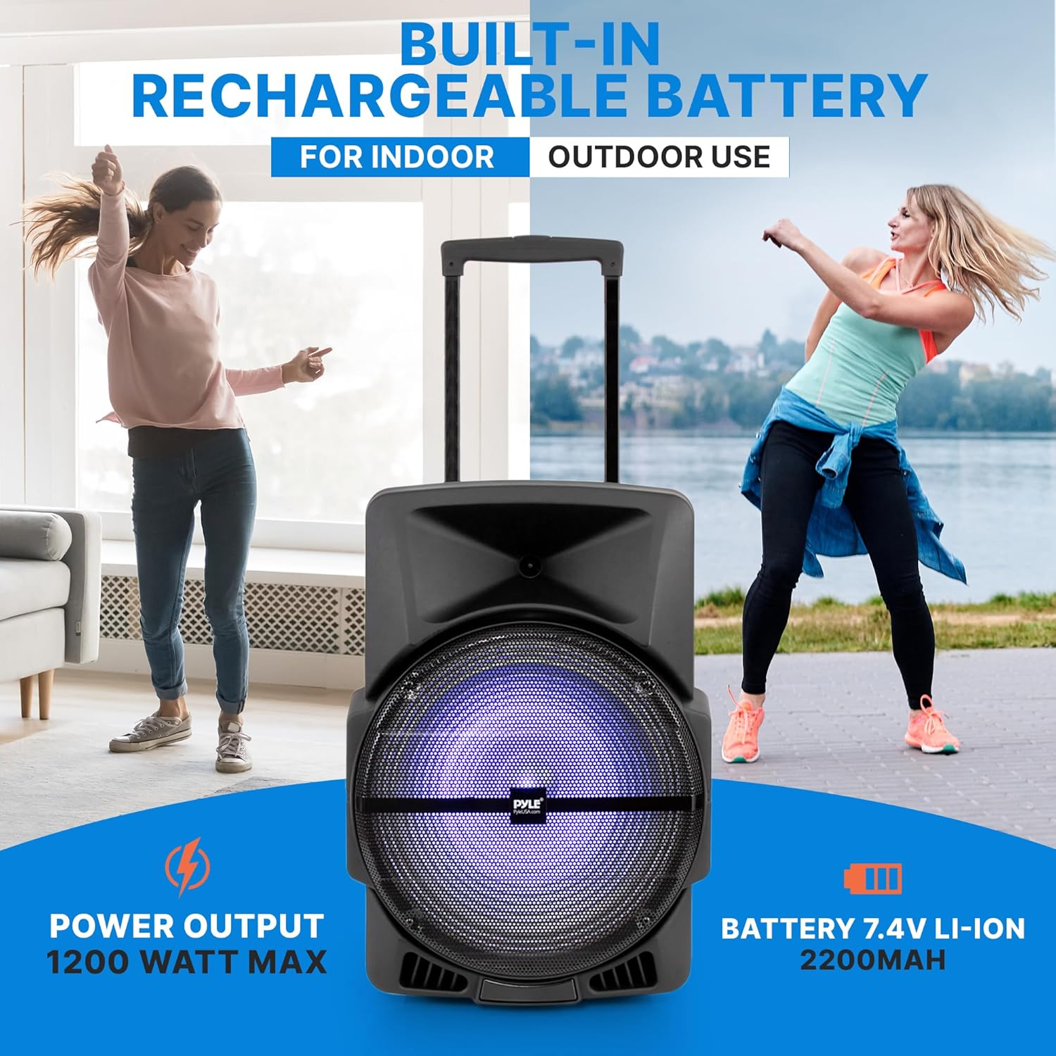 Wireless Portable PA Speaker System -1200W High Powered Bluetooth Compatible Indoor and Outdoor DJ Sound Stereo Loudspeaker w/ USB SD MP3 AUX  3.5mm Input, Flashing Party Light & FM Radio -PPHP1544B