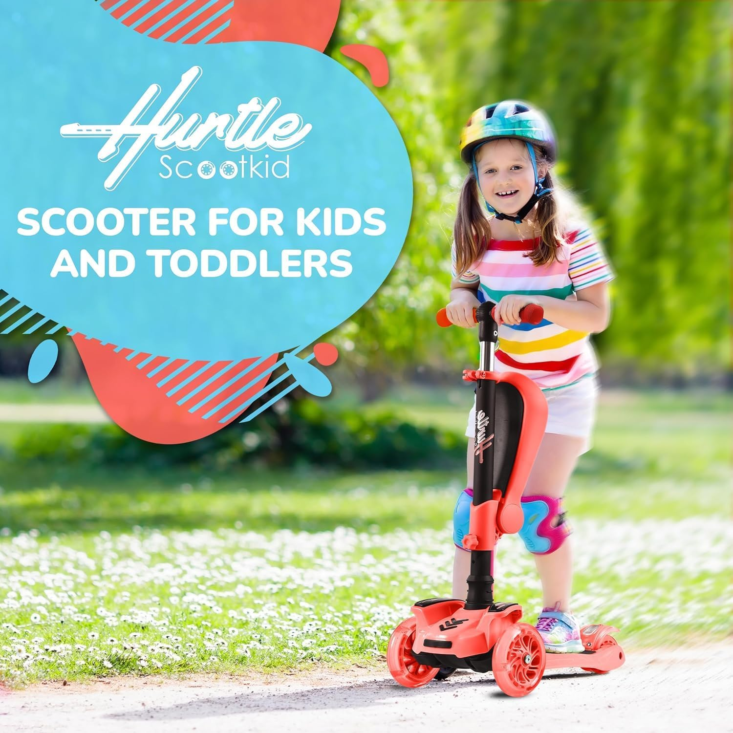 Hurtle 3-Wheel Kids Scooter with LED Light-Up Wheels – Adjustable Lean-to-Steer Handlebar, Foldable Seat, and Rear Brake – Sit or Stand Riding Option for Boys and Girls Ages 1–14