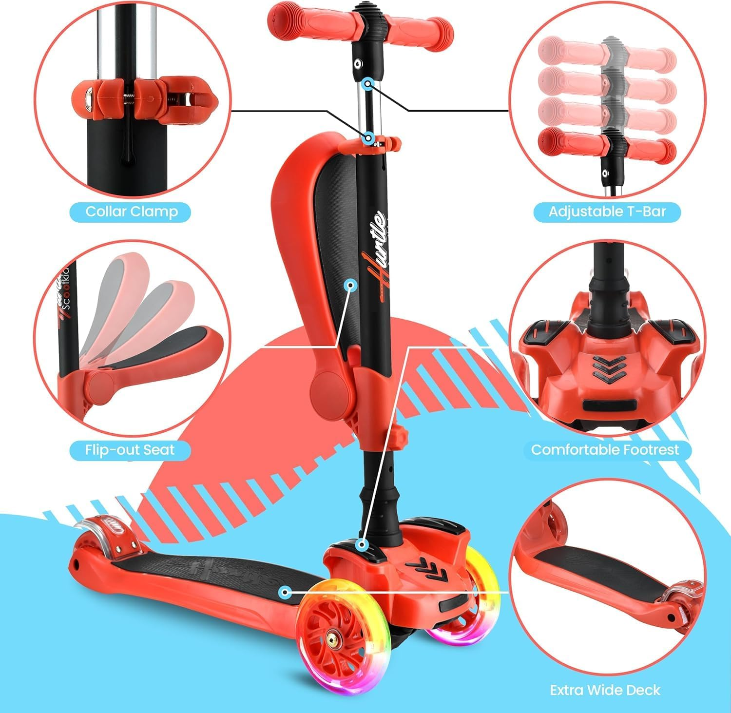 Hurtle 3-Wheel Kids Scooter with LED Light-Up Wheels – Adjustable Lean-to-Steer Handlebar, Foldable Seat, and Rear Brake – Sit or Stand Riding Option for Boys and Girls Ages 1–14