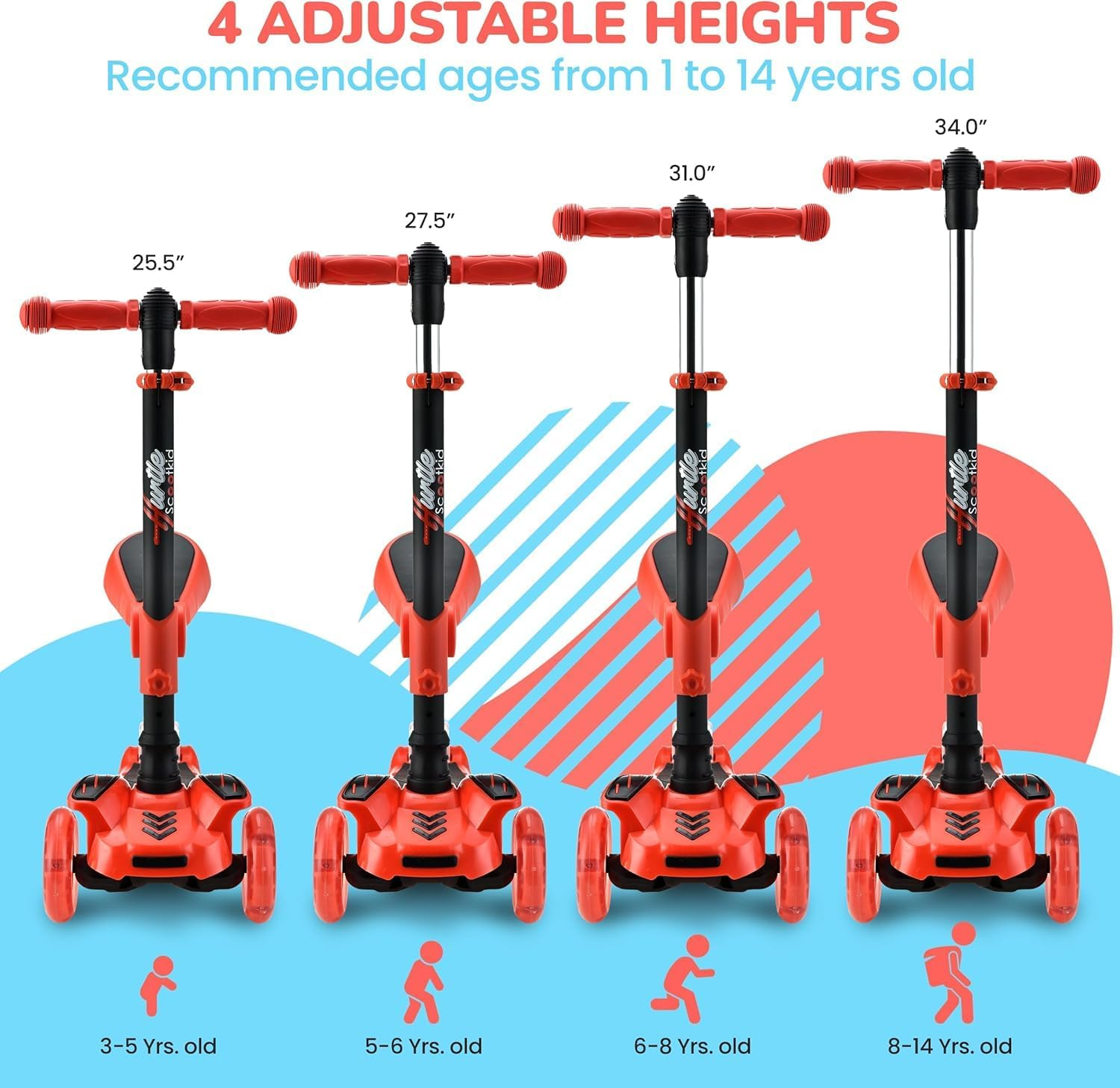 Hurtle 3-Wheel Kids Scooter with LED Light-Up Wheels – Adjustable Lean-to-Steer Handlebar, Foldable Seat, and Rear Brake – Sit or Stand Riding Option for Boys and Girls Ages 1–14