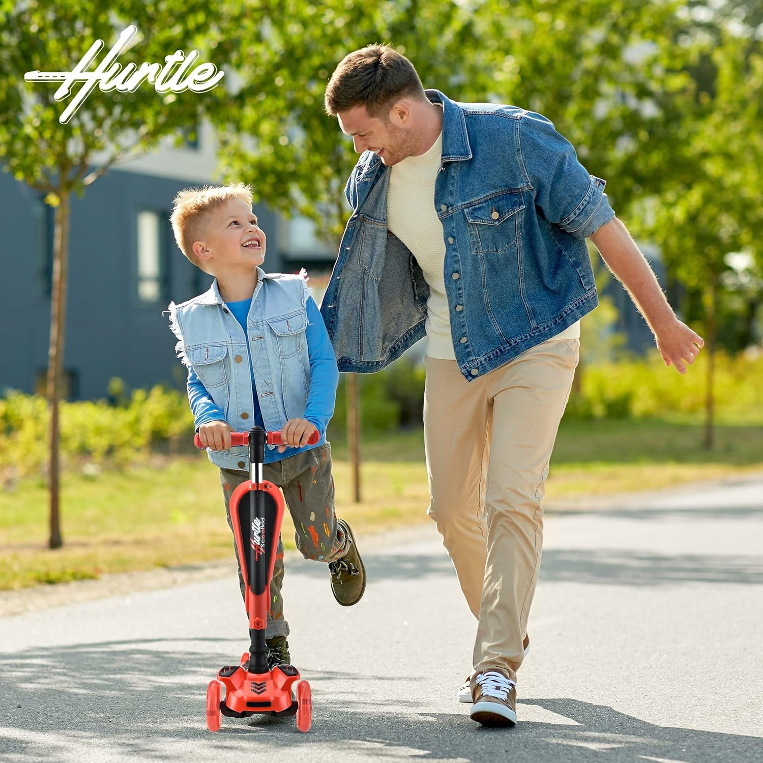 Hurtle 3-Wheel Kids Scooter with LED Light-Up Wheels – Adjustable Lean-to-Steer Handlebar, Foldable Seat, and Rear Brake – Sit or Stand Riding Option for Boys and Girls Ages 1–14