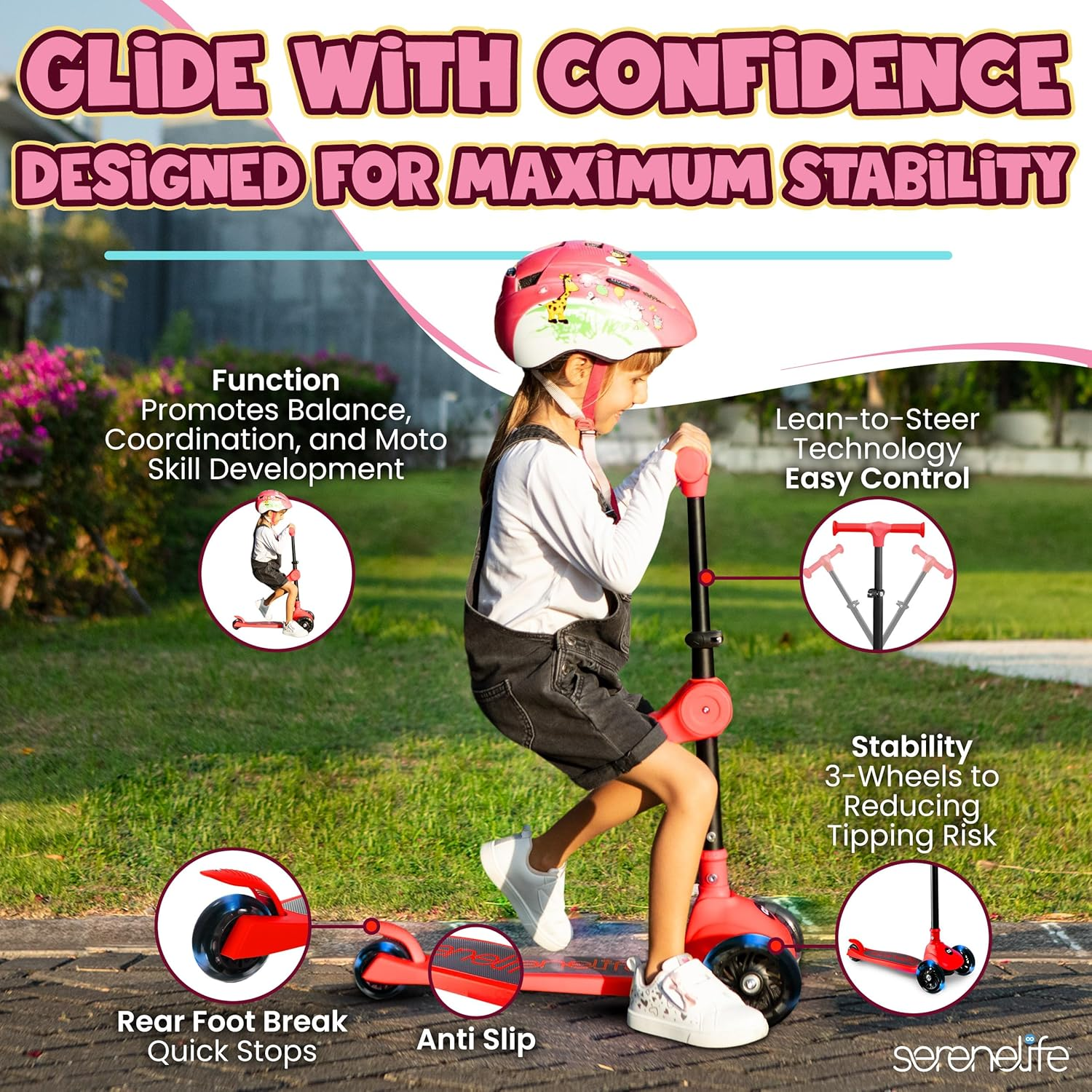 SereneLife 3‑Wheel Foldable Kids Scooter with LED Light‑Up Wheels and Adjustable Handlebar