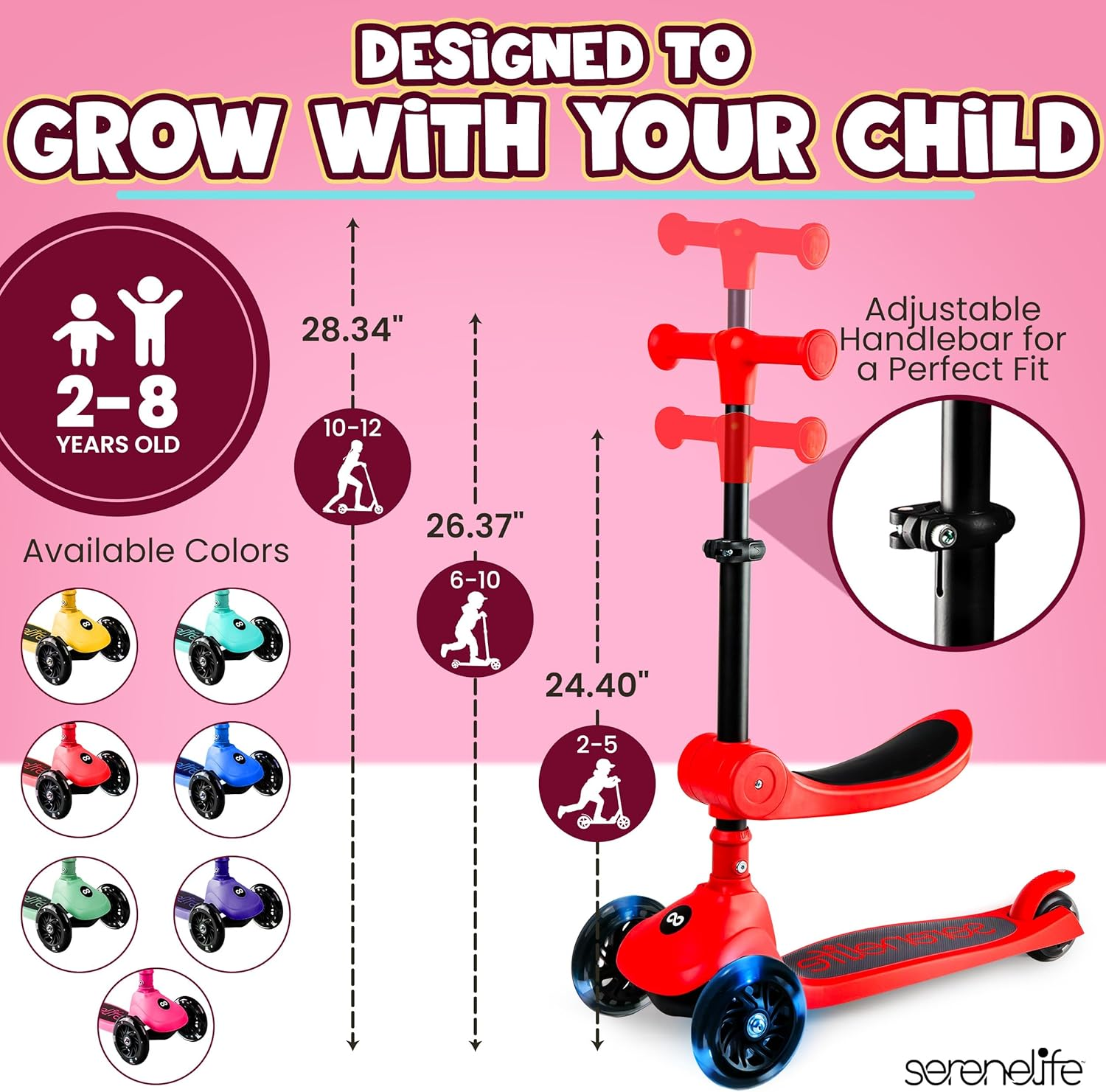 SereneLife 3‑Wheel Foldable Kids Scooter with LED Light‑Up Wheels and Adjustable Handlebar