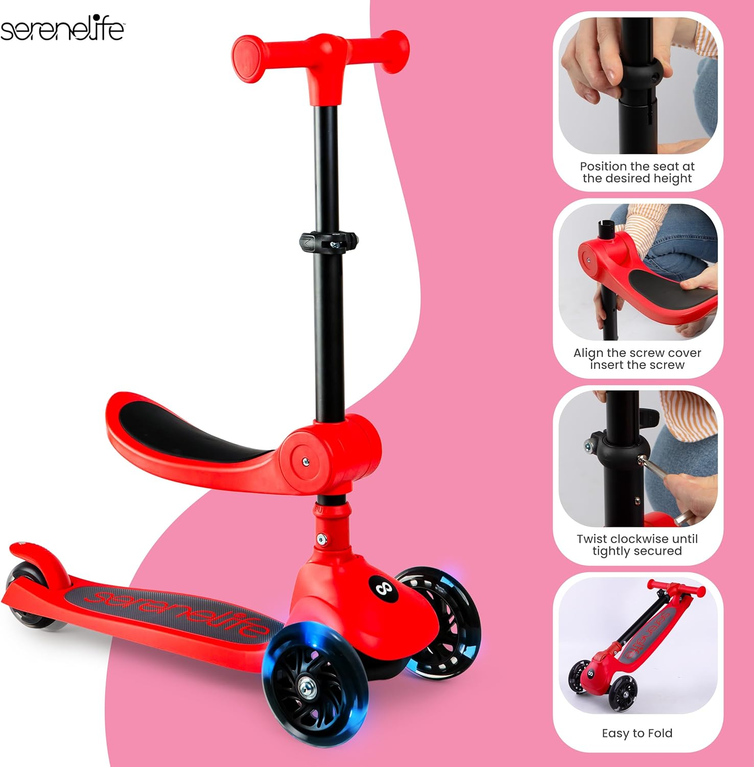 SereneLife 3‑Wheel Foldable Kids Scooter with LED Light‑Up Wheels and Adjustable Handlebar