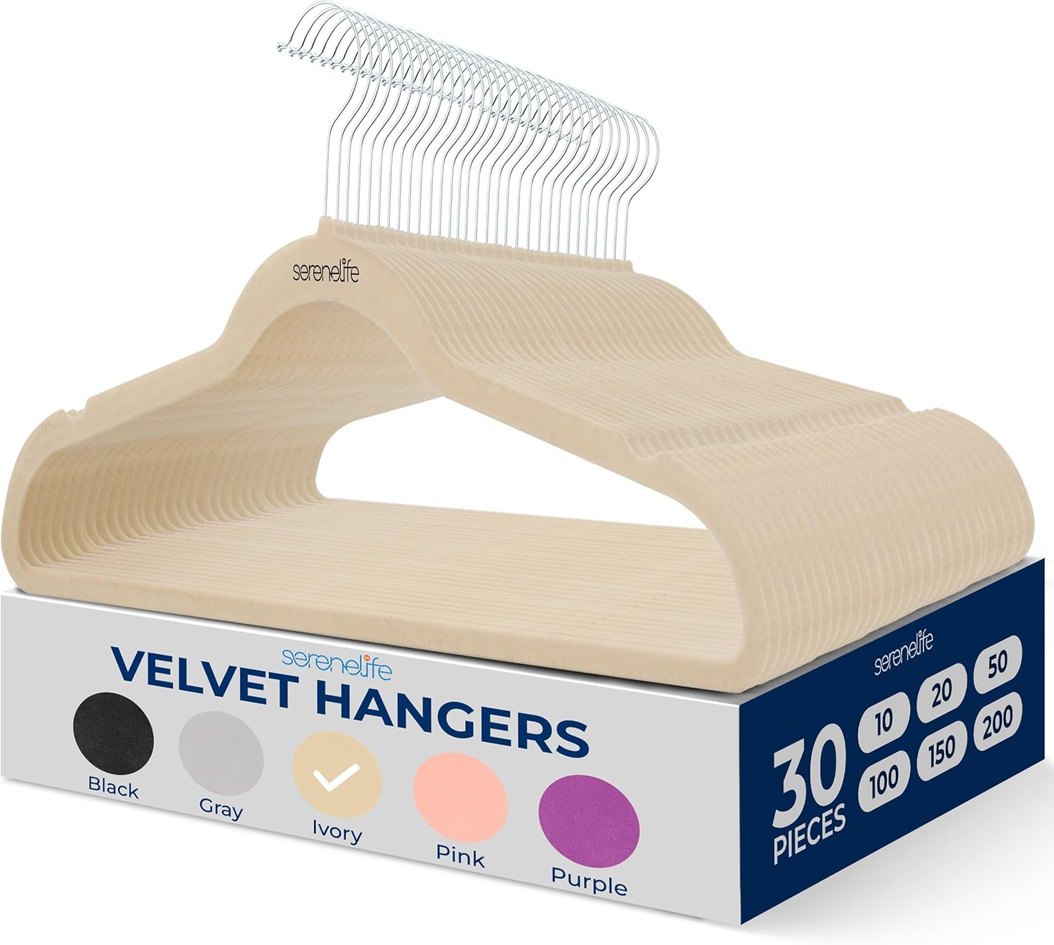 SereneLife 30 Pack Velvet Hangers with Non‑Slip Design, 360° Swivel Hook, Ultra‑Thin and Space‑Saving for Shirts, Sweaters, Hoodies, Kids Clothes, and Dresses