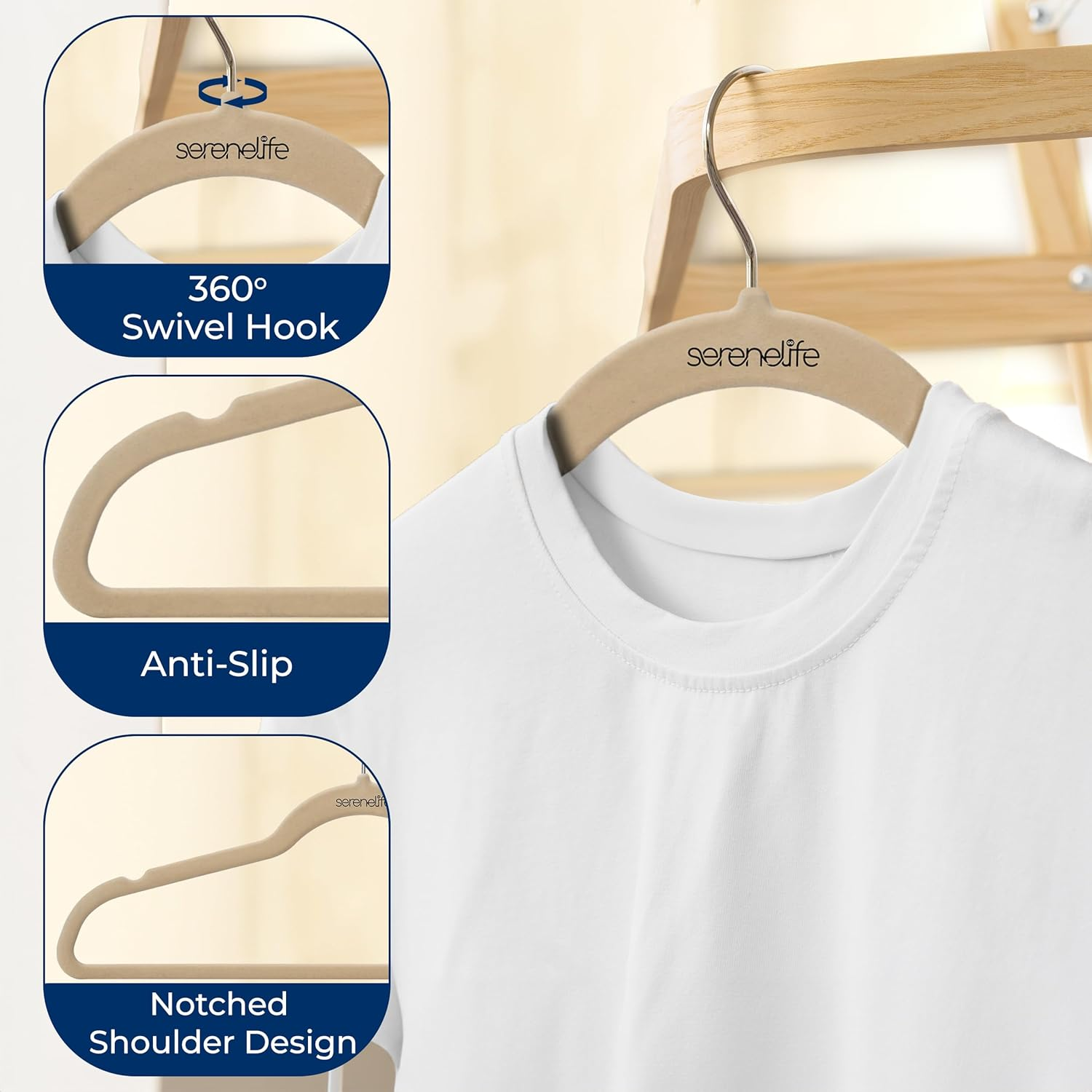 SereneLife 30 Pack Velvet Hangers with Non‑Slip Design, 360° Swivel Hook, Ultra‑Thin and Space‑Saving for Shirts, Sweaters, Hoodies, Kids Clothes, and Dresses