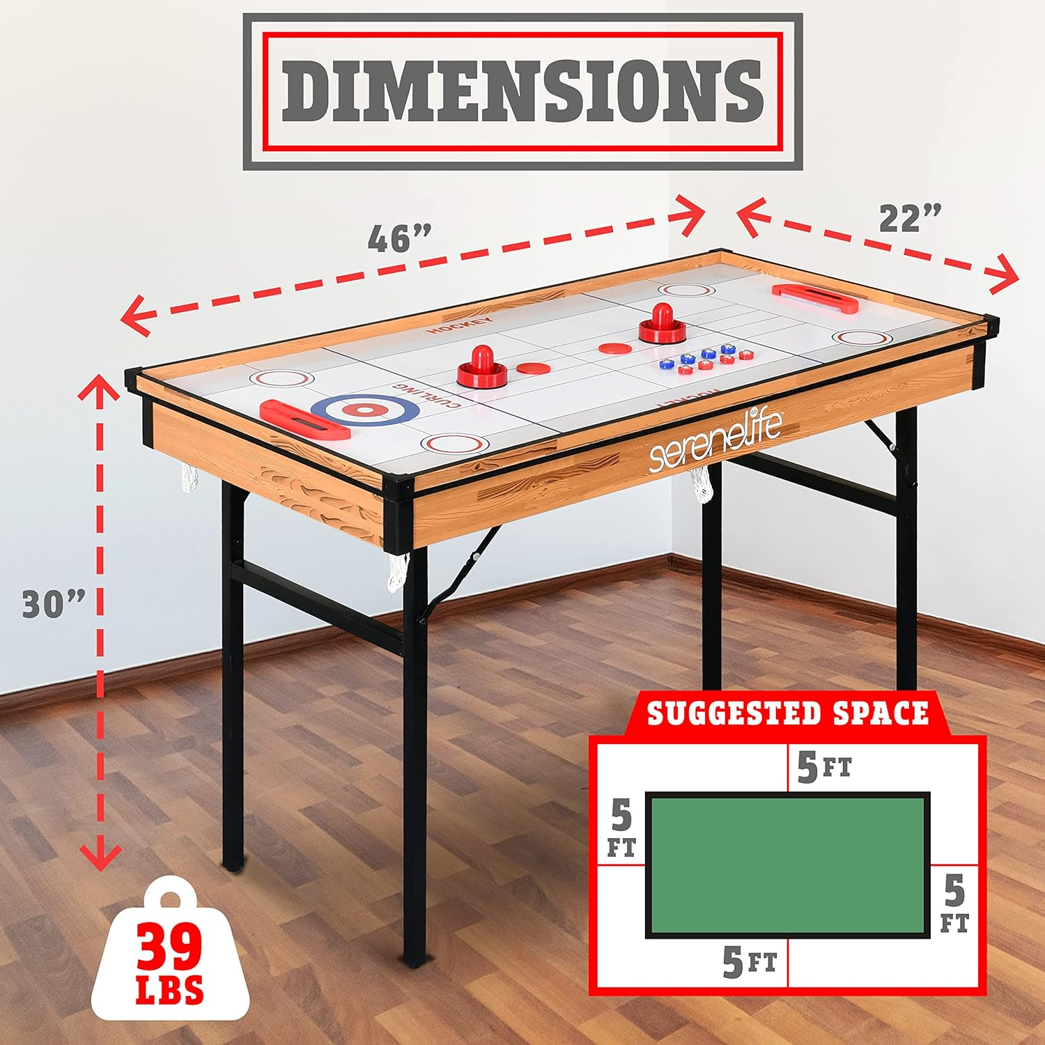 SereneLife 4-in-1 Multi-Game Table, 4’ x 2’ Folding Portable Arcade Set with Accessories – Includes Ping Pong, Air Hockey, Billiards, and Shuffleboard – Ideal for Indoor or Outdoor Use, Suitable for All Ages