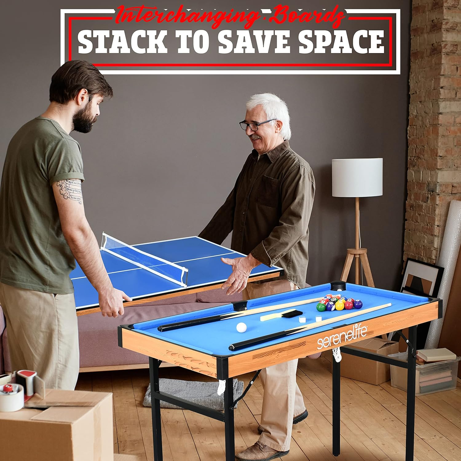 SereneLife 4-in-1 Multi-Game Table, 4’ x 2’ Folding Portable Arcade Set with Accessories – Includes Ping Pong, Air Hockey, Billiards, and Shuffleboard – Ideal for Indoor or Outdoor Use, Suitable for All Ages