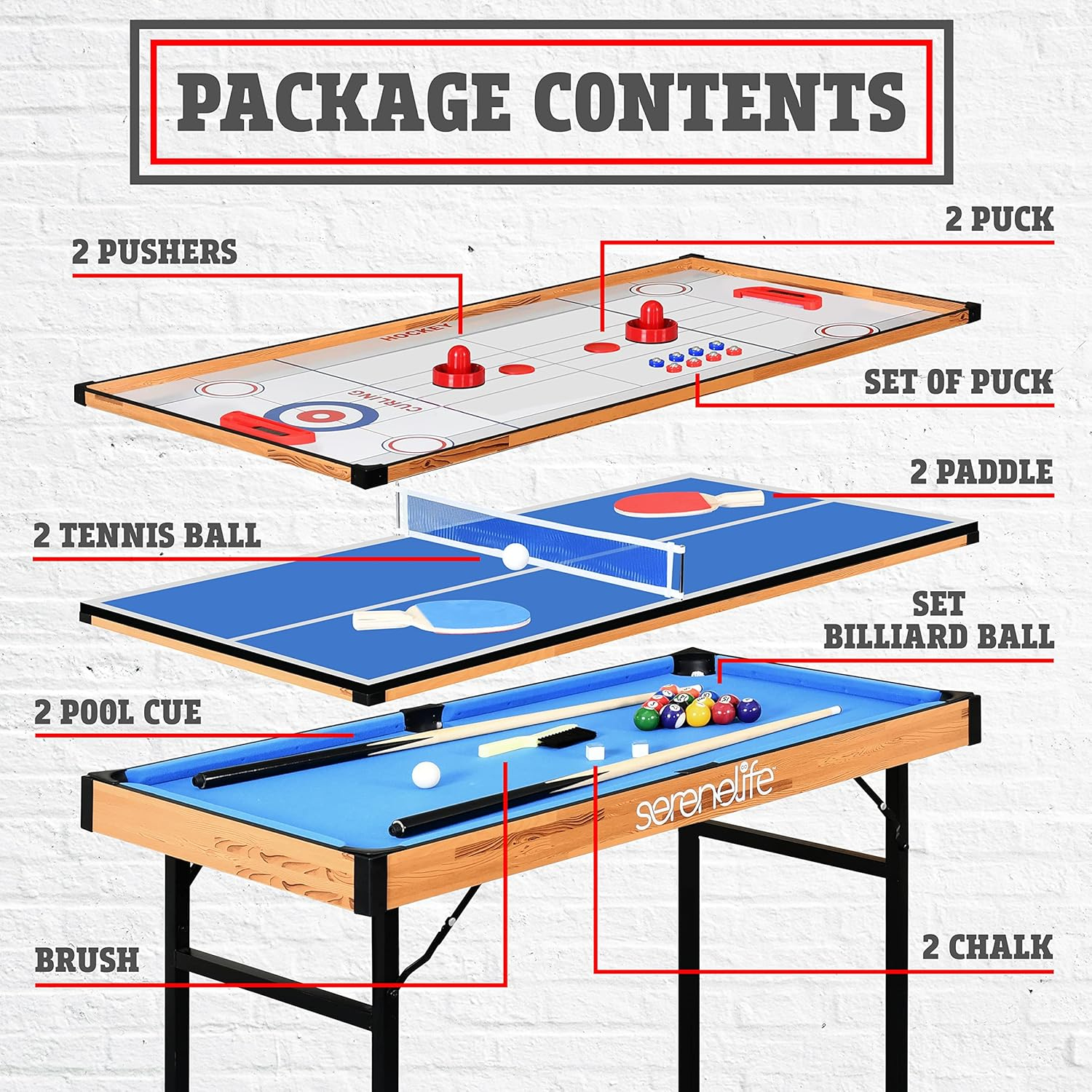 SereneLife 4-in-1 Multi-Game Table, 4’ x 2’ Folding Portable Arcade Set with Accessories – Includes Ping Pong, Air Hockey, Billiards, and Shuffleboard – Ideal for Indoor or Outdoor Use, Suitable for All Ages