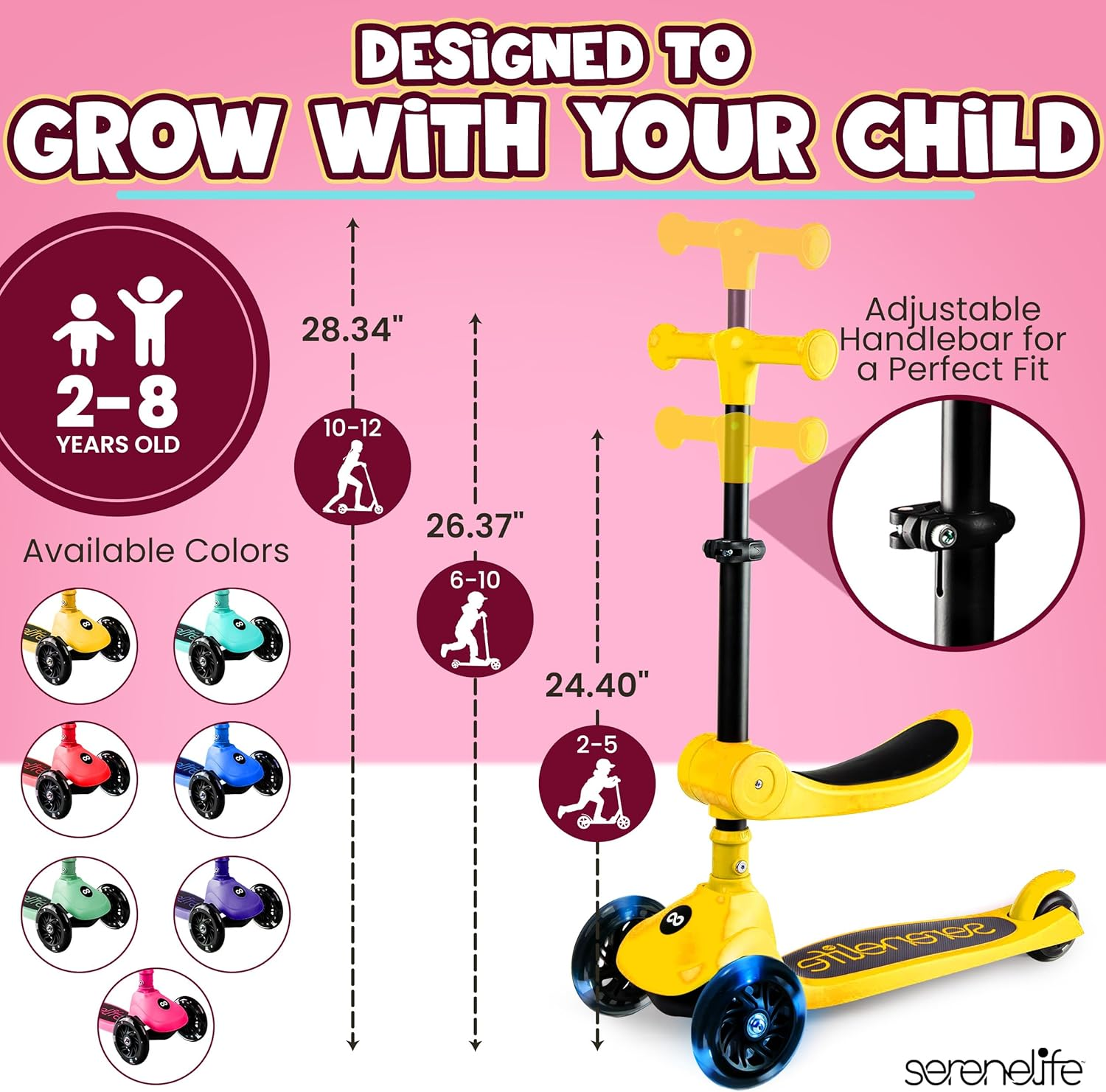 SereneLife Foldable 3-Wheel Kids Scooter – Adjustable Handlebar with LED Light-Up Wheels for Fun and Safe Riding