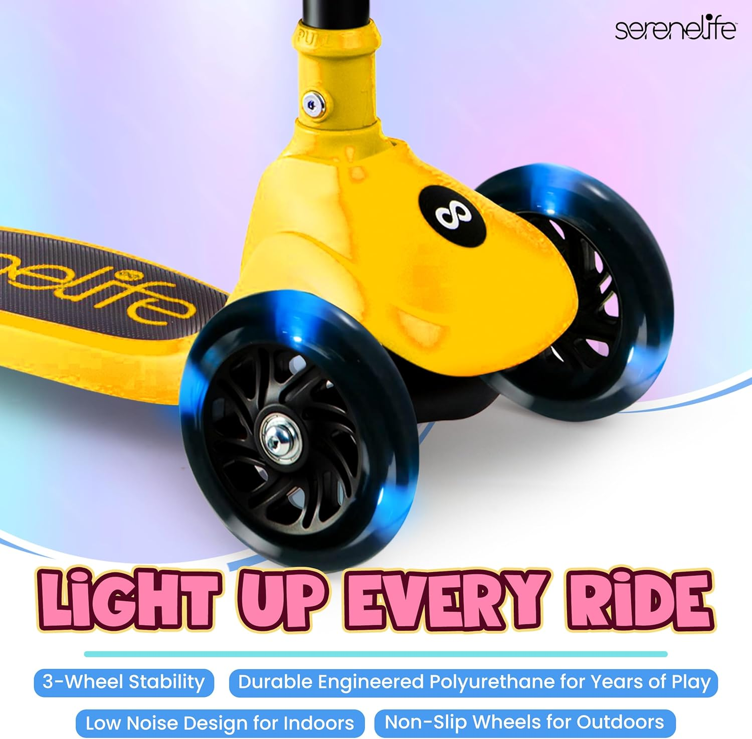 SereneLife Foldable 3-Wheel Kids Scooter – Adjustable Handlebar with LED Light-Up Wheels for Fun and Safe Riding