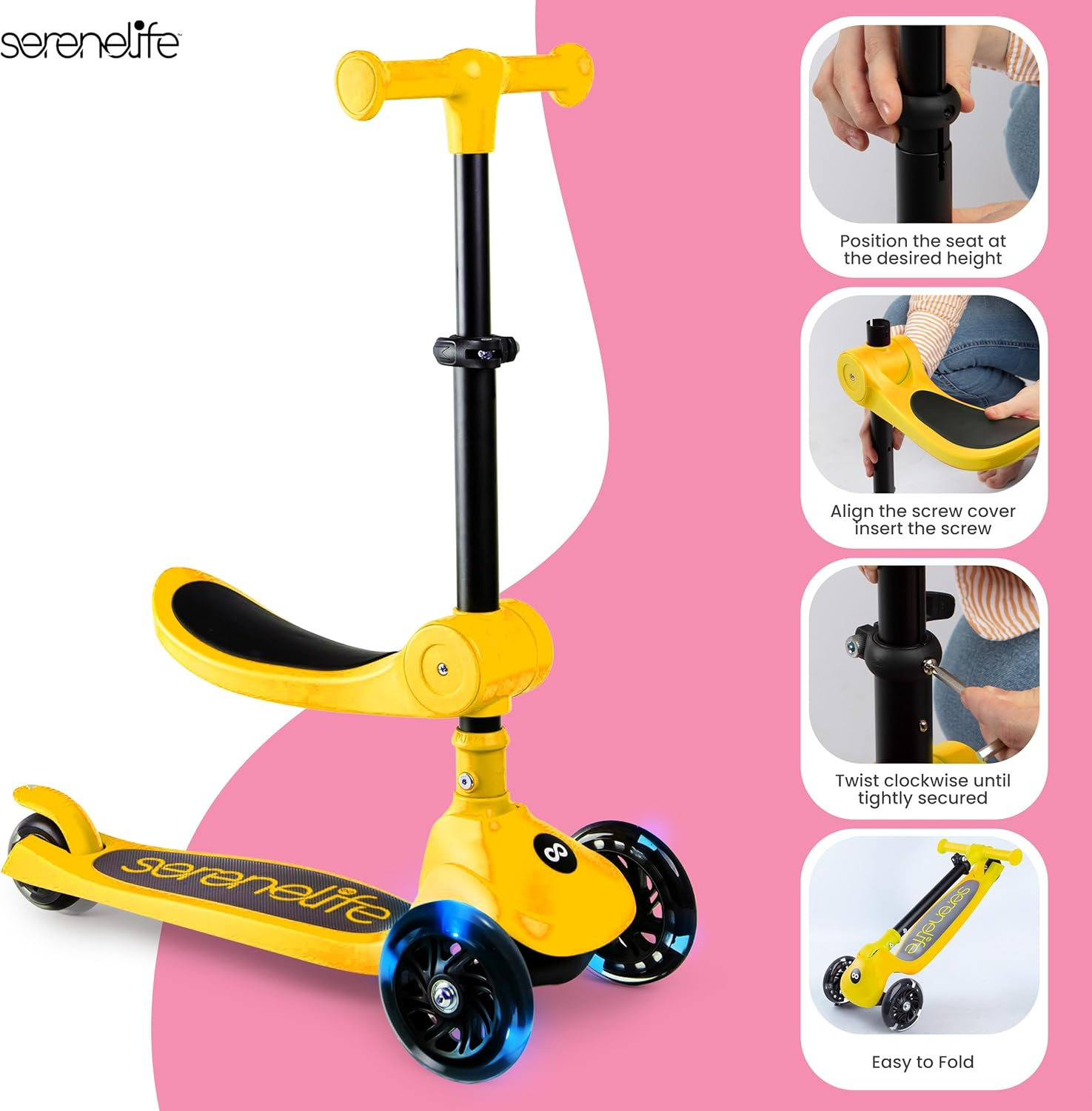 SereneLife Foldable 3-Wheel Kids Scooter – Adjustable Handlebar with LED Light-Up Wheels for Fun and Safe Riding