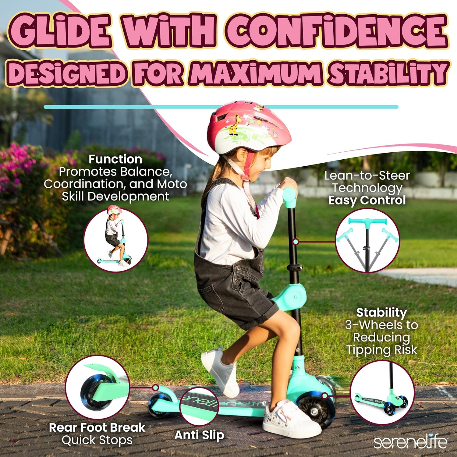 SereneLife 3-Wheel Kids Scooter – Foldable Design with Adjustable Handlebar and LED Light-Up Wheels for Safe, Fun Riding