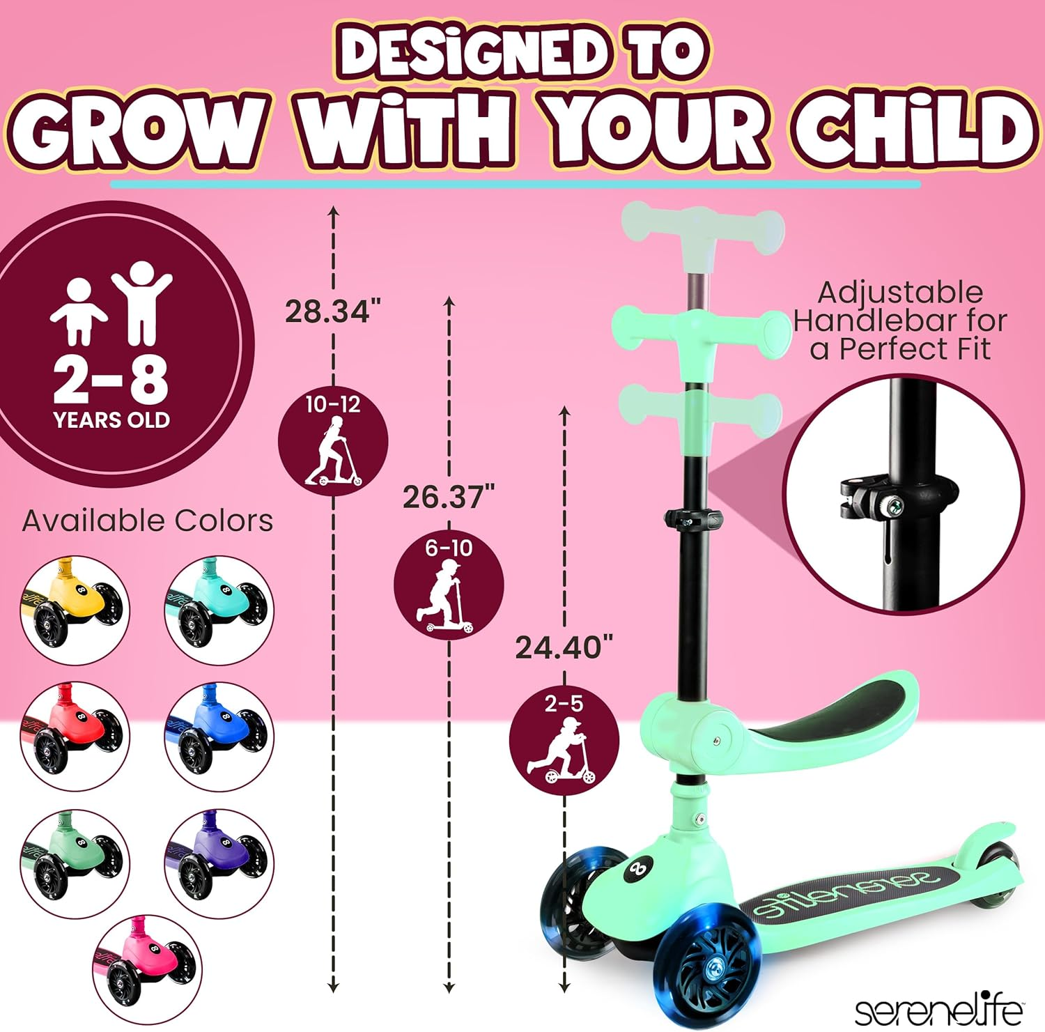 SereneLife 3-Wheel Kids Scooter – Foldable Design with Adjustable Handlebar and LED Light-Up Wheels for Safe, Fun Riding