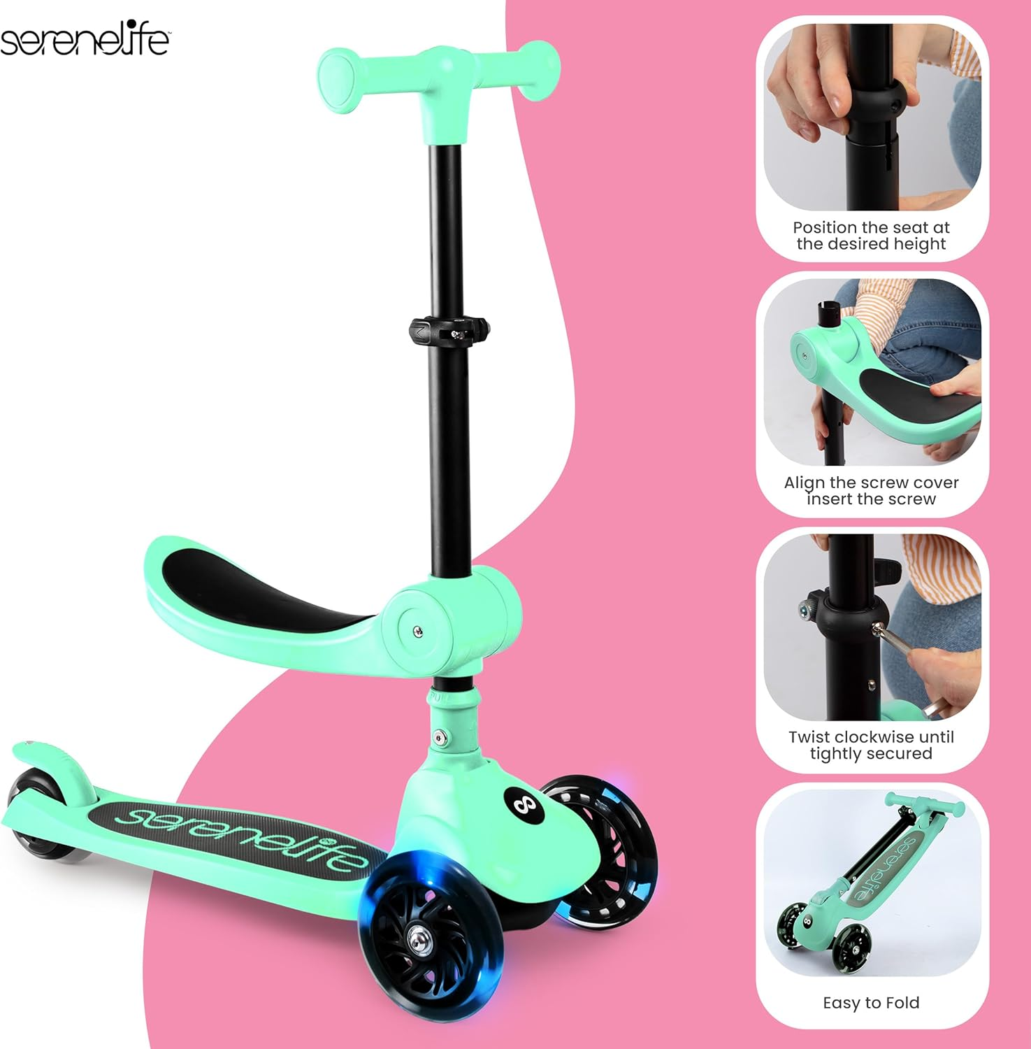 SereneLife 3-Wheel Kids Scooter – Foldable Design with Adjustable Handlebar and LED Light-Up Wheels for Safe, Fun Riding