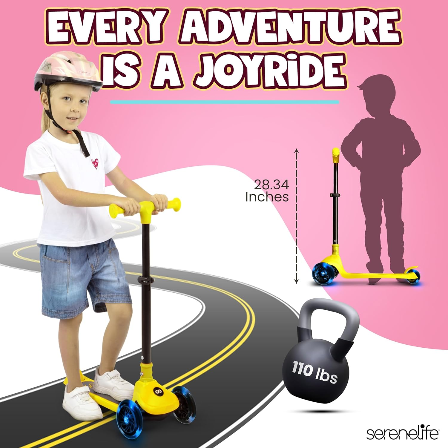SereneLife Foldable 3-Wheel Scooter for Kids – Adjustable Handlebar and LED Light-Up Wheels for a Fun, Smooth Ride
