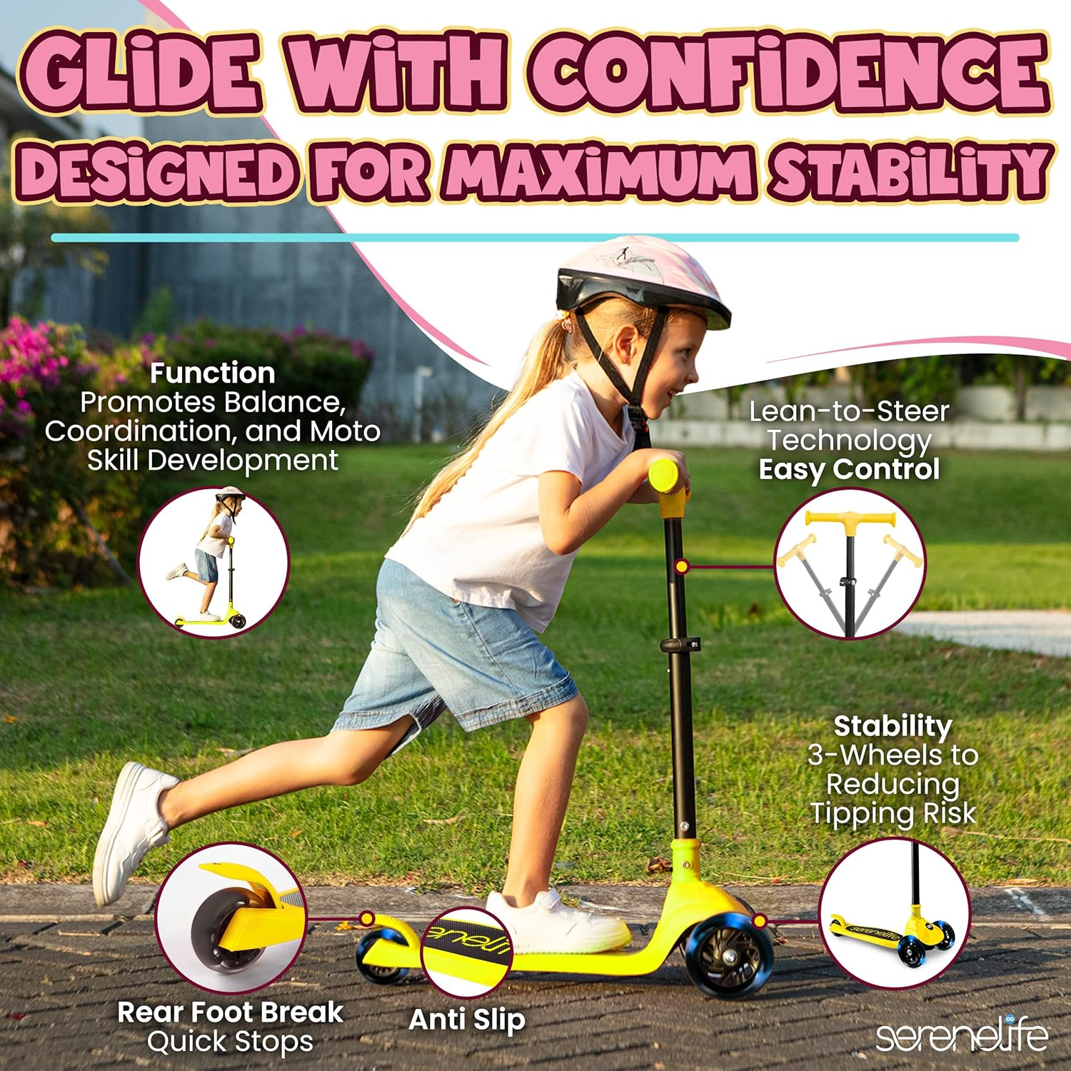 SereneLife Foldable 3-Wheel Scooter for Kids – Adjustable Handlebar and LED Light-Up Wheels for a Fun, Smooth Ride