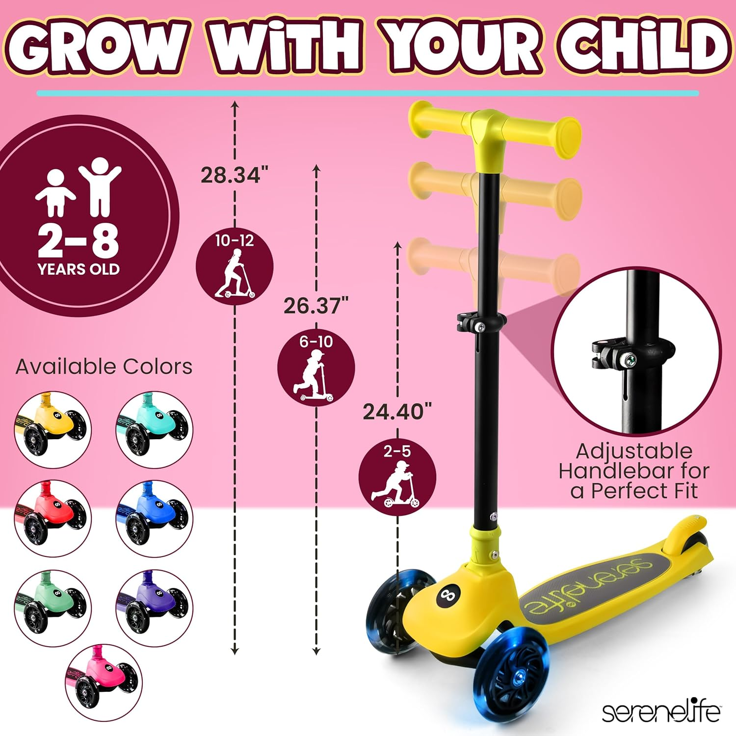 SereneLife Foldable 3-Wheel Scooter for Kids – Adjustable Handlebar and LED Light-Up Wheels for a Fun, Smooth Ride