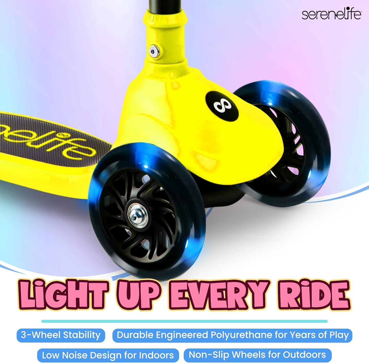 SereneLife Foldable 3-Wheel Scooter for Kids – Adjustable Handlebar and LED Light-Up Wheels for a Fun, Smooth Ride