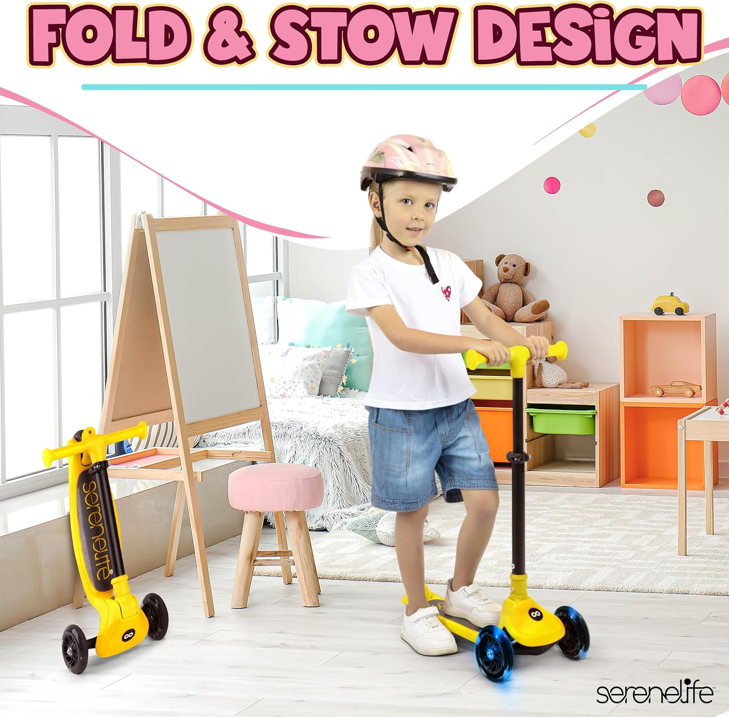 SereneLife Foldable 3-Wheel Scooter for Kids – Adjustable Handlebar and LED Light-Up Wheels for a Fun, Smooth Ride