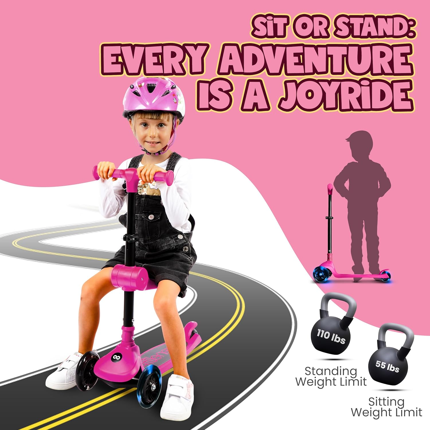 SereneLife Foldable 3-Wheel Scooter for Kids – Adjustable Handlebar and LED Light-Up Wheels for a Fun, Smooth Ride