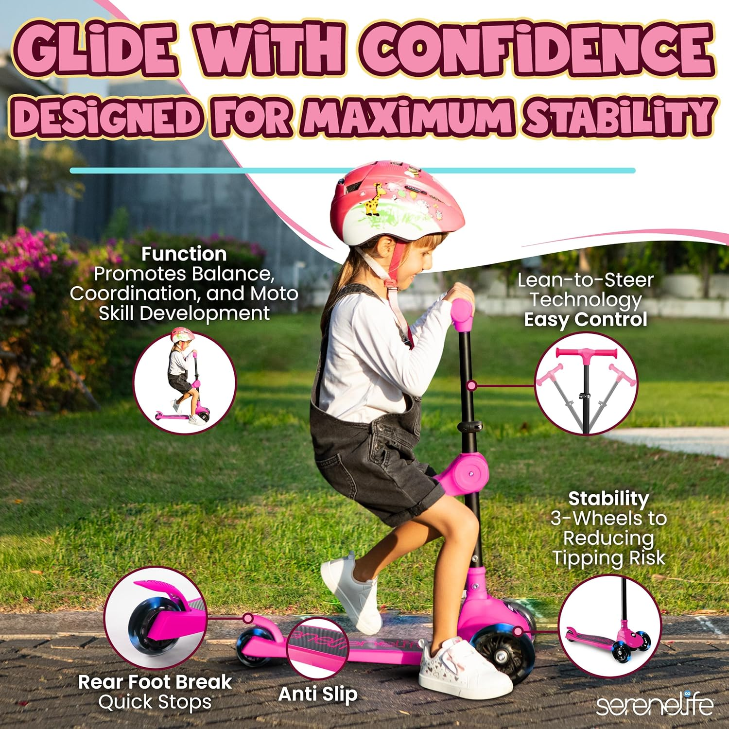 SereneLife Foldable 3-Wheel Scooter for Kids – Adjustable Handlebar and LED Light-Up Wheels for a Fun, Smooth Ride