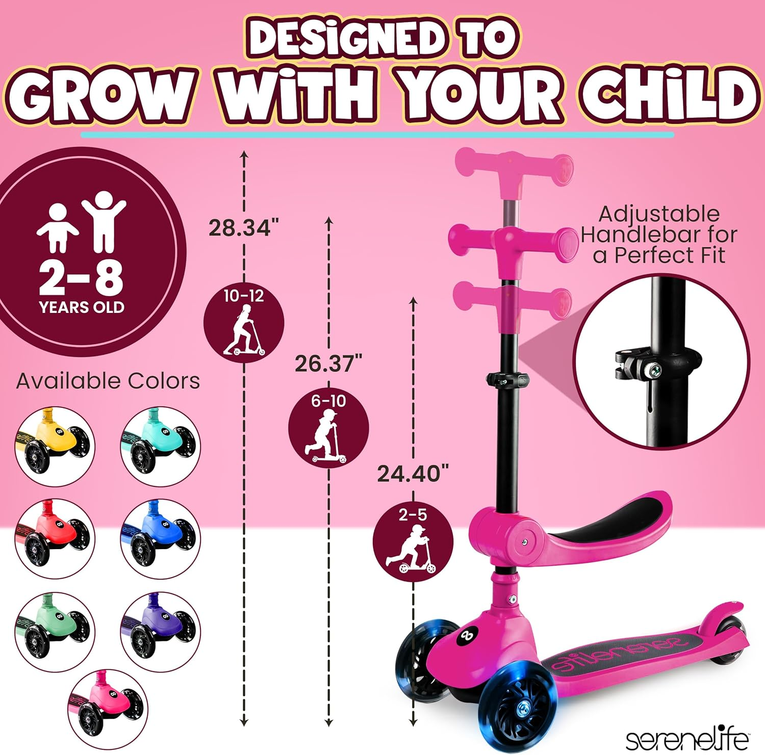 SereneLife Foldable 3-Wheel Scooter for Kids – Adjustable Handlebar and LED Light-Up Wheels for a Fun, Smooth Ride
