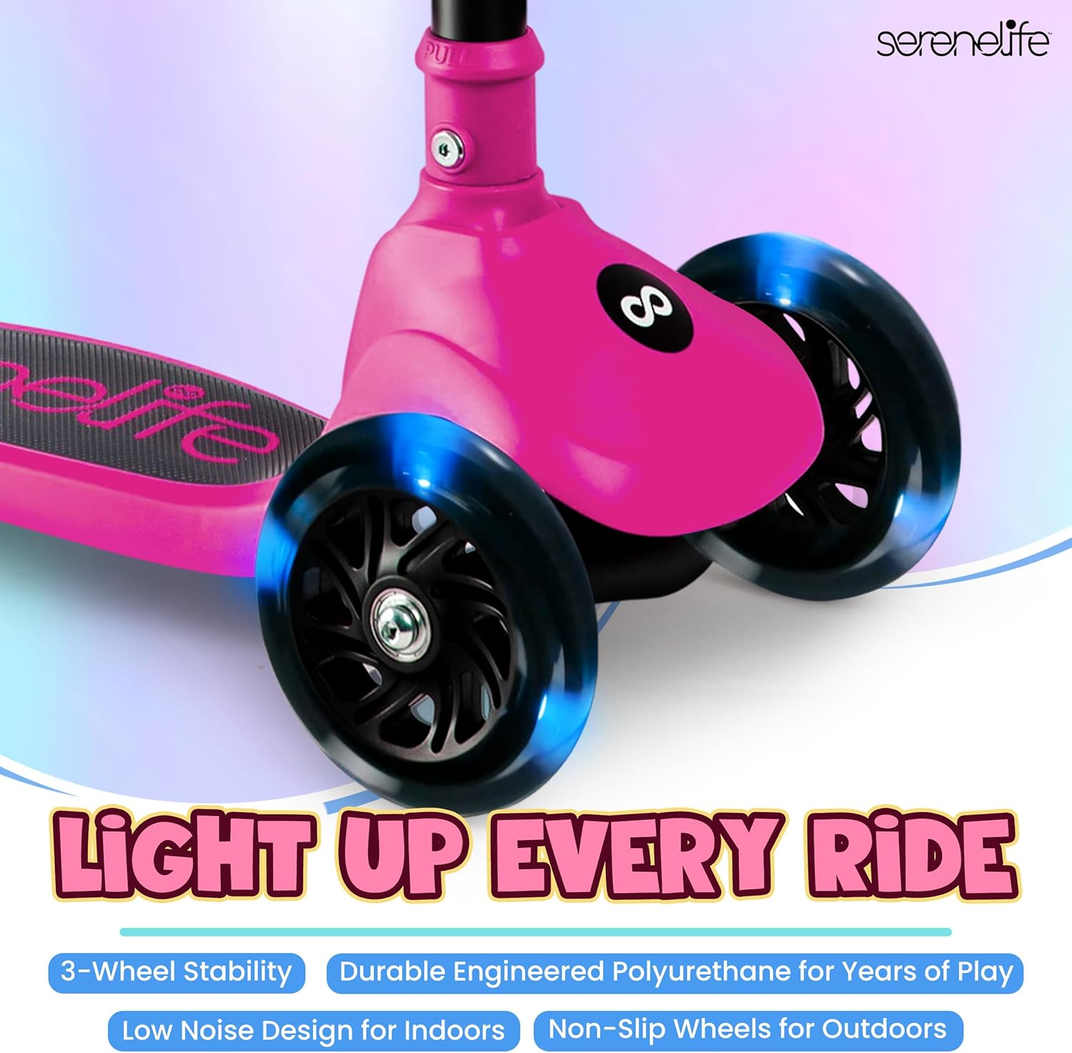 SereneLife Foldable 3-Wheel Scooter for Kids – Adjustable Handlebar and LED Light-Up Wheels for a Fun, Smooth Ride