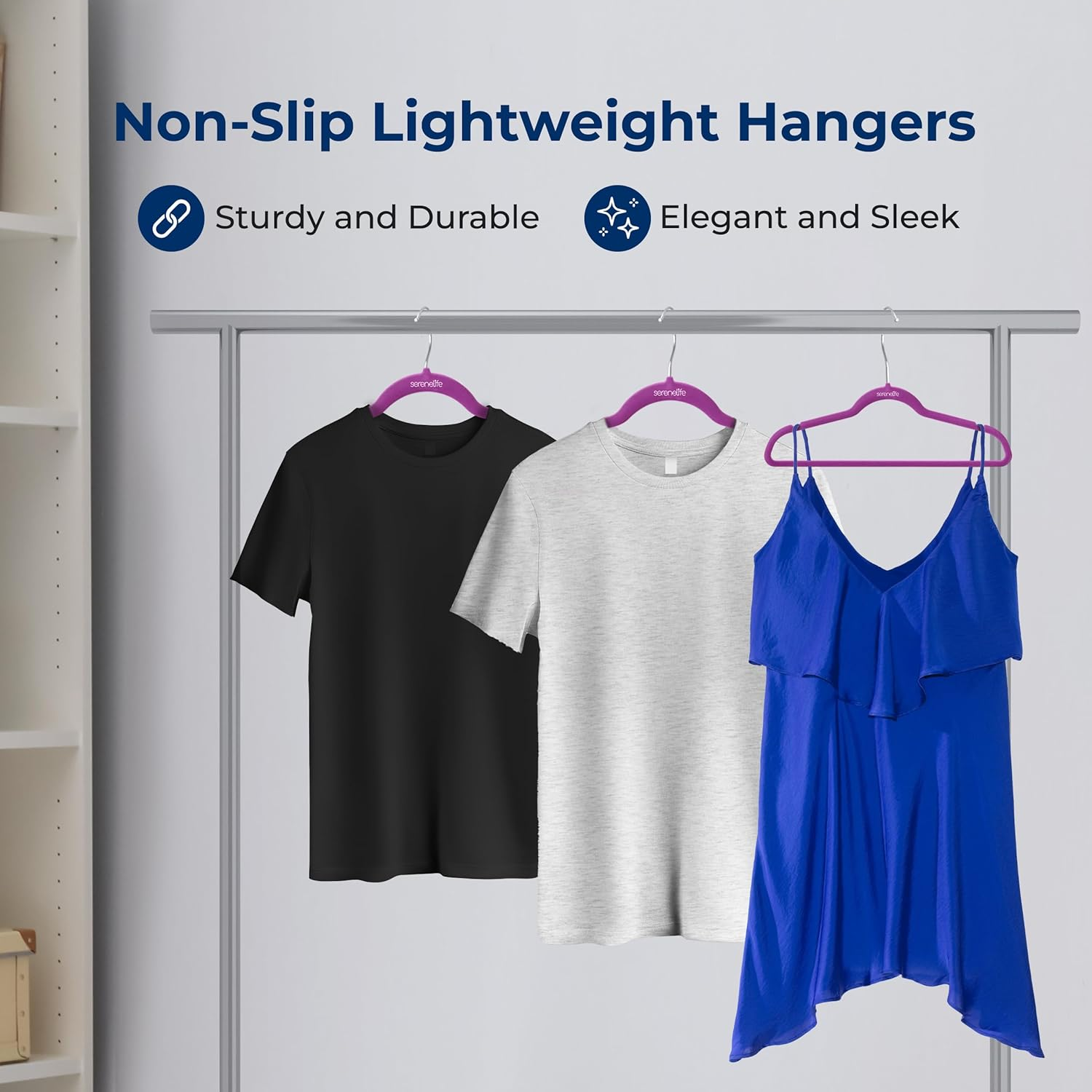 SereneLife 50-Pack Velvet Hangers – Non-Slip, 360° Rotating Hooks – Slim, Lightweight Hangers for Shirts, Sweaters, Hoodies, Kids’ Clothing & Dresses – Space-Saving Design