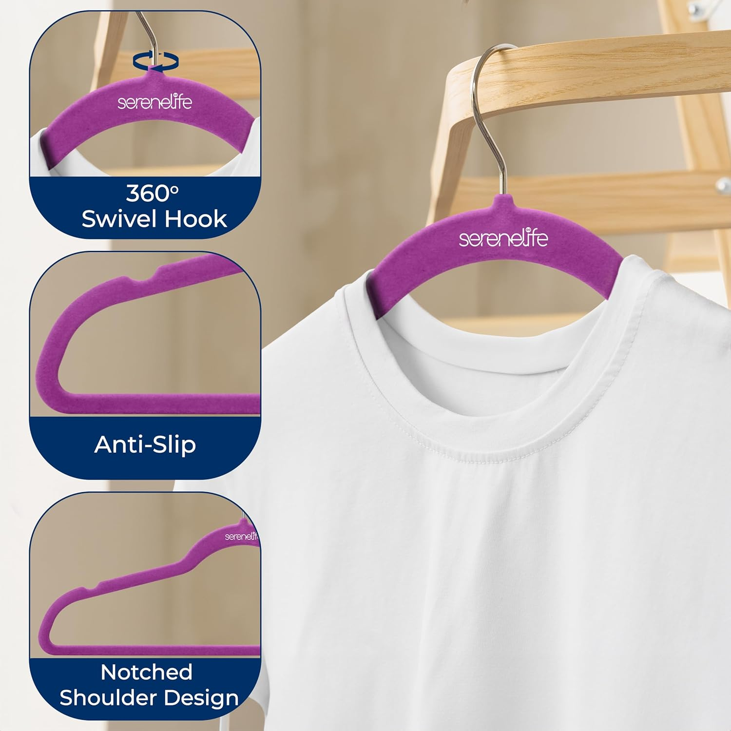 SereneLife 50-Pack Velvet Hangers – Non-Slip, 360° Rotating Hooks – Slim, Lightweight Hangers for Shirts, Sweaters, Hoodies, Kids’ Clothing & Dresses – Space-Saving Design