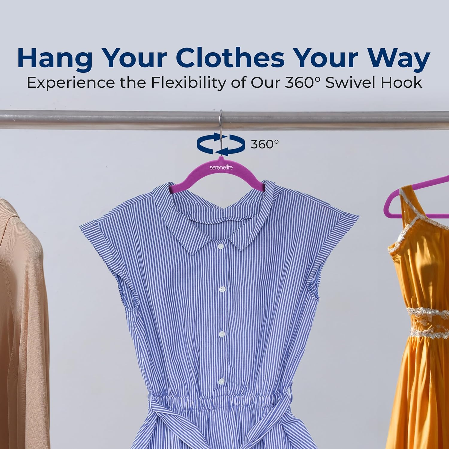 SereneLife 50-Pack Velvet Hangers – Non-Slip, 360° Rotating Hooks – Slim, Lightweight Hangers for Shirts, Sweaters, Hoodies, Kids’ Clothing & Dresses – Space-Saving Design