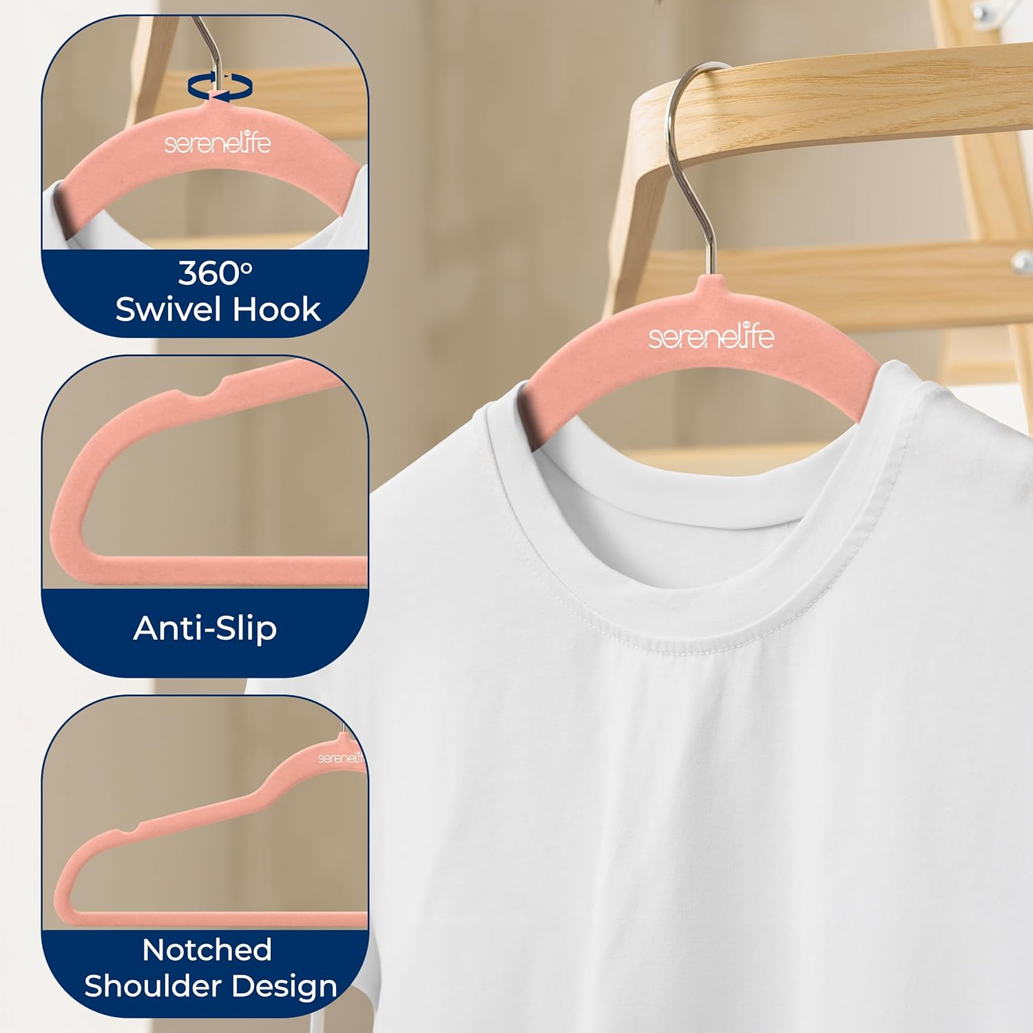 SereneLife 30-Pack Velvet Hangers – Space-Saving, Ultra-Thin and Lightweight with Non-Slip Surface and 360° Swivel Hook – Ideal for Shirts, Sweaters, Hoodies, Dresses, and Kids’ Clothes